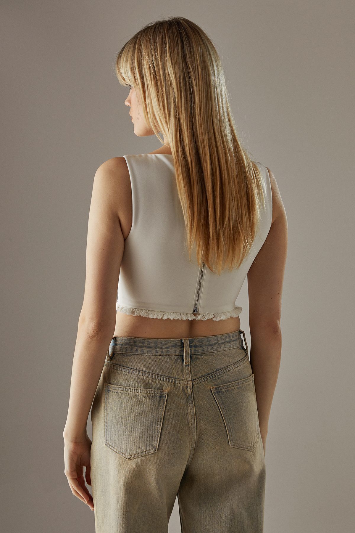 Warehouse Tailored Corset Top With Fringed Trim Cream image 3