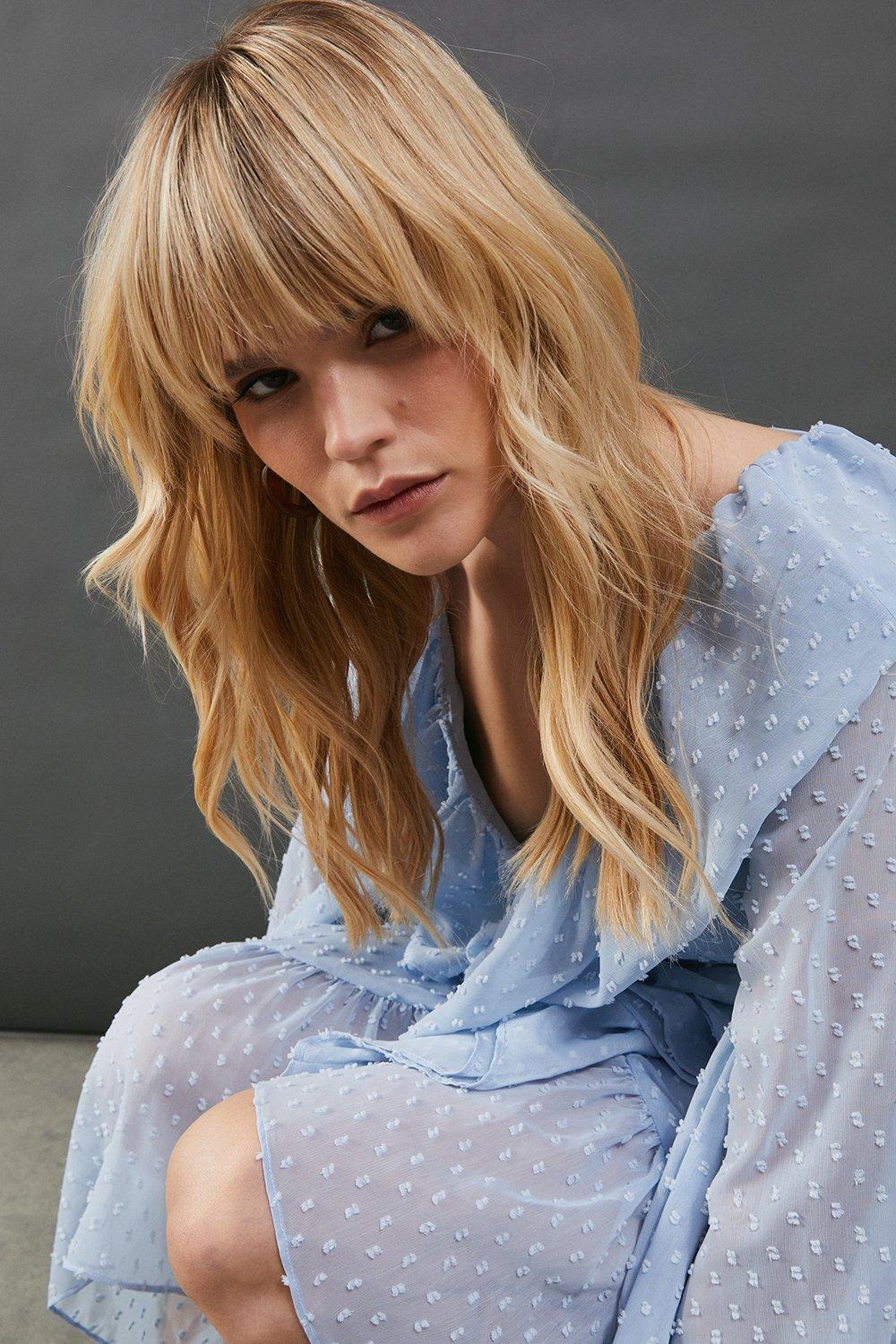 Warehouse Dobby Chiffon Ruffle High Low Hem Midi Dress Blue image 4