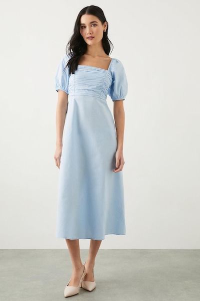 Dorothy Perkins Petite Blue Poplin Ruched Midi Dress Blue