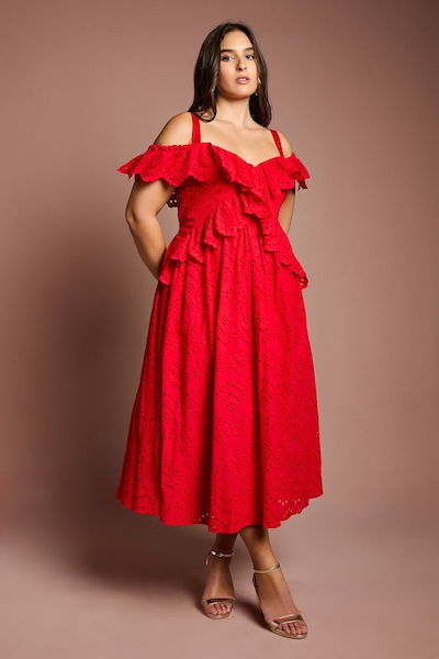 Coast Plus Strappy Cold Shoulder Broderie Frill Midi Dress Red