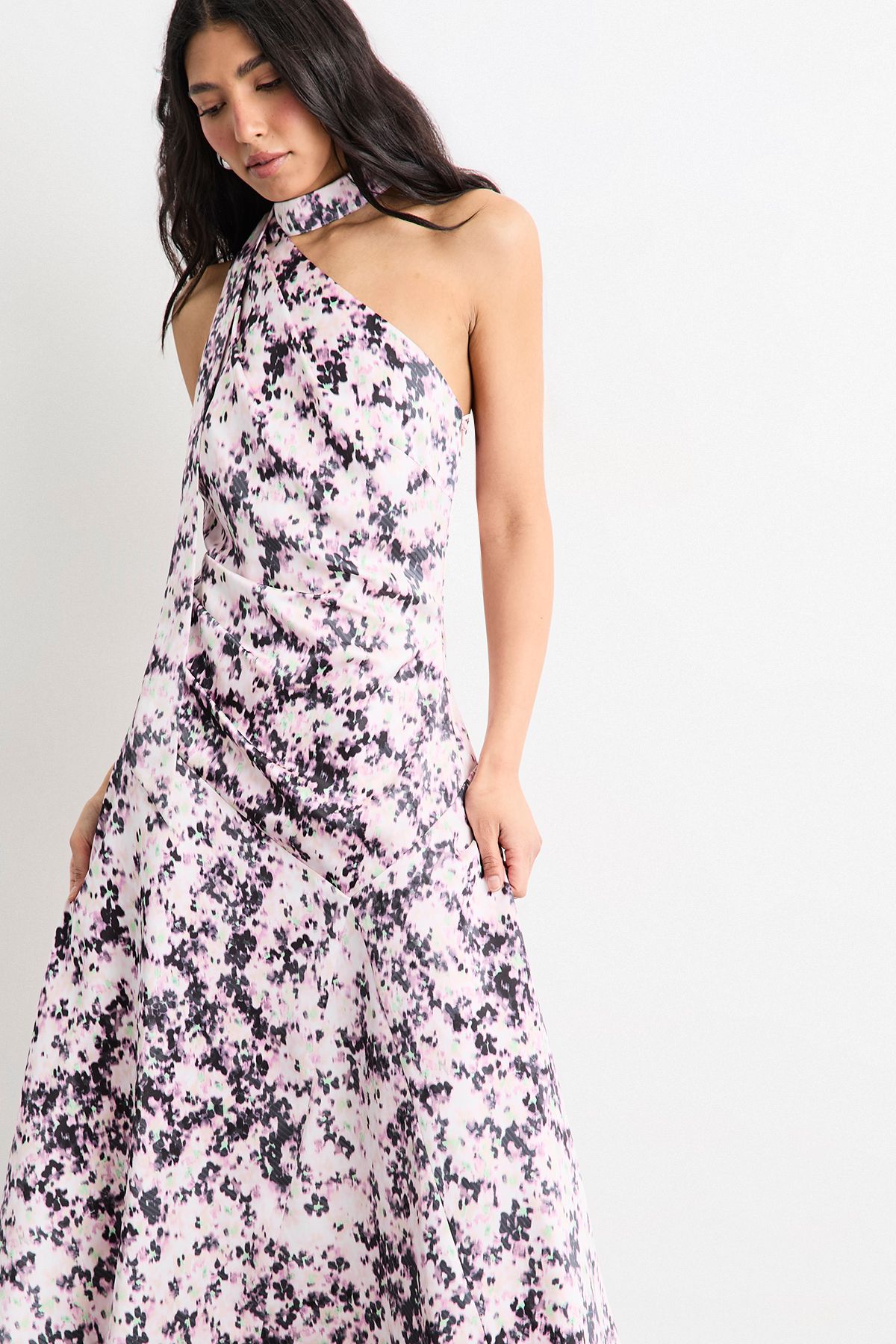 Warehouse Printed Scarf Tie Asymmetric Satin Maxi Dress Multi image 4