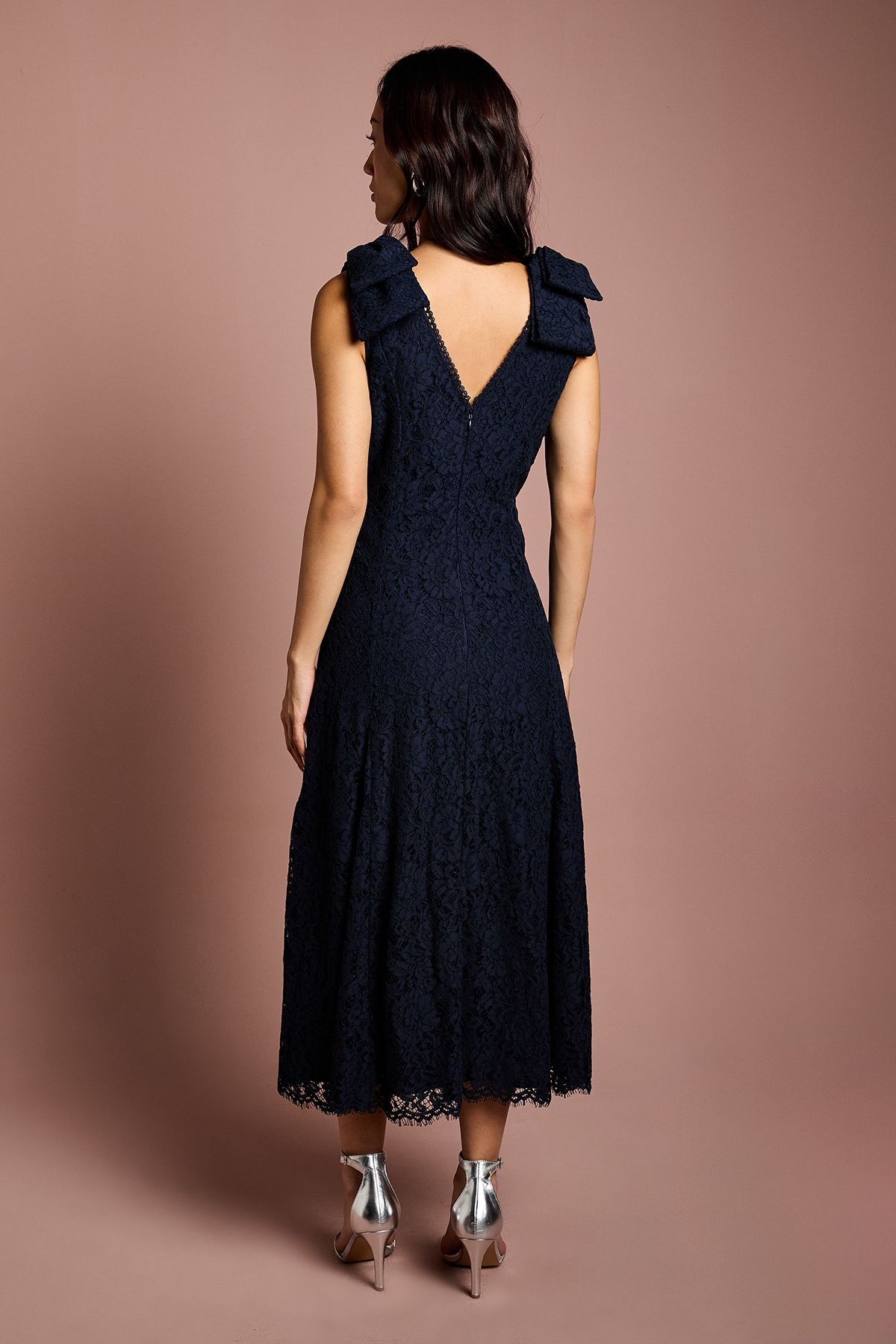 Coast Bow Shoulder V Neck Lace Midi Dress Navy image 3