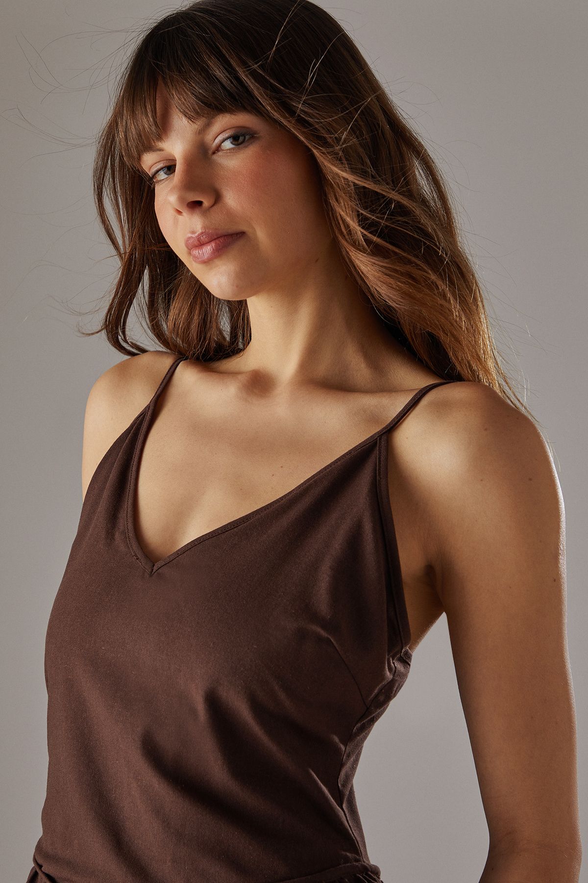 Warehouse Linen Blend Plunge Neck Midi Sundress Chocolate image 4