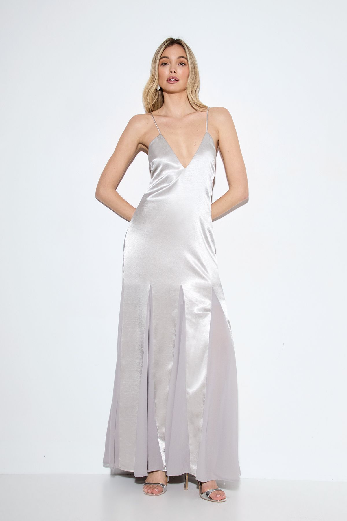 MissPap Premium Satin Georgette Panel Midaxi Bridesmaid Dress Silver image 4