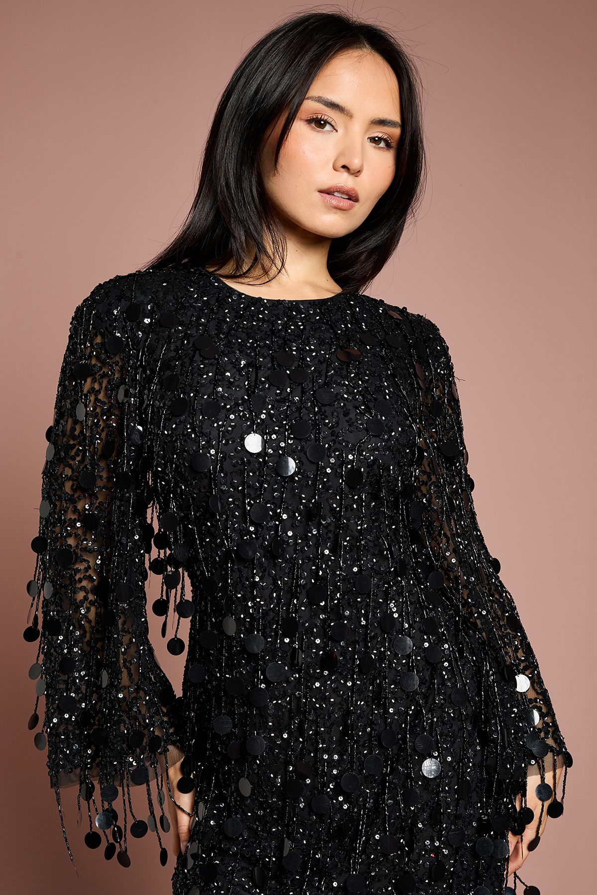 Coast Petite Party Sequin Tassel Long Sleeve Midi Dress Black image 2