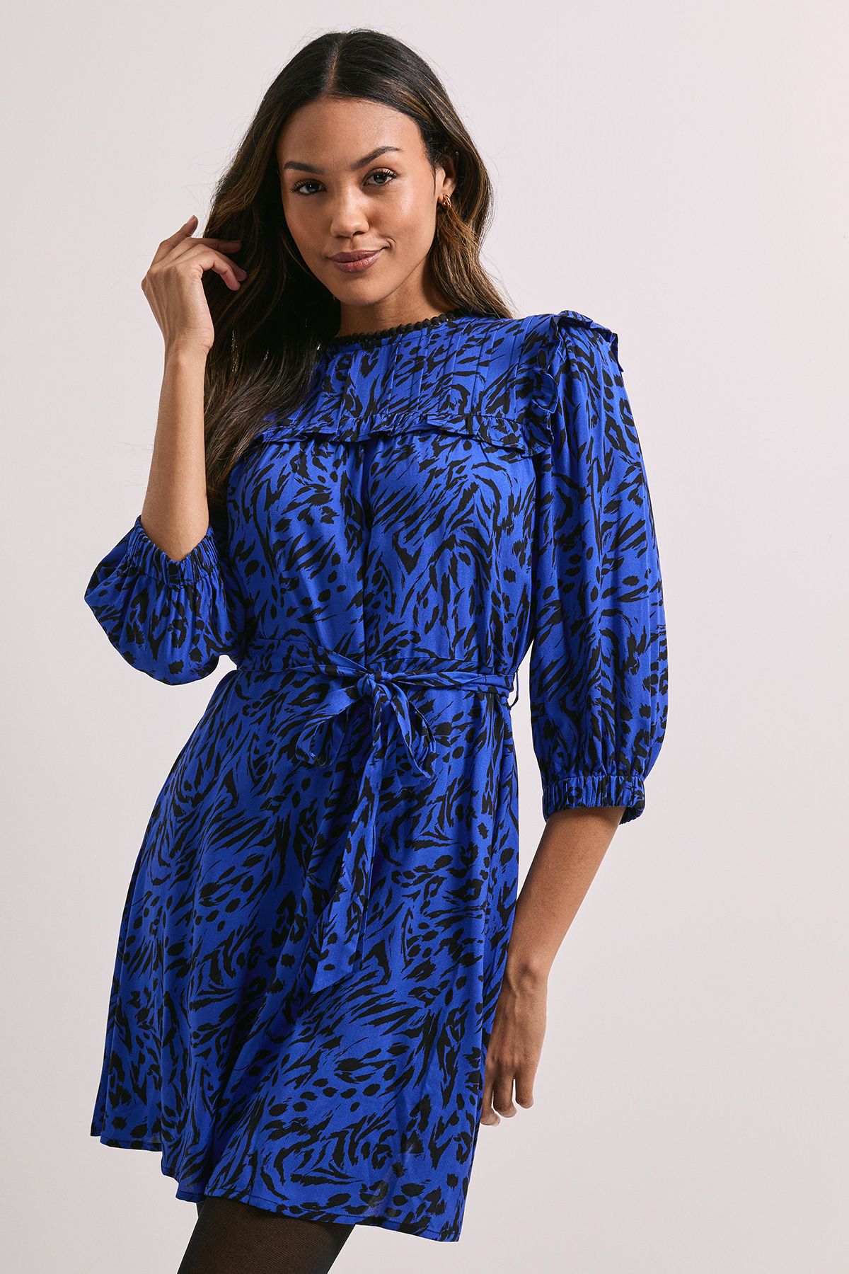 Dorothy Perkins Tie Waist Yoke Frill Detail Printed Belted Mini Dress Blue