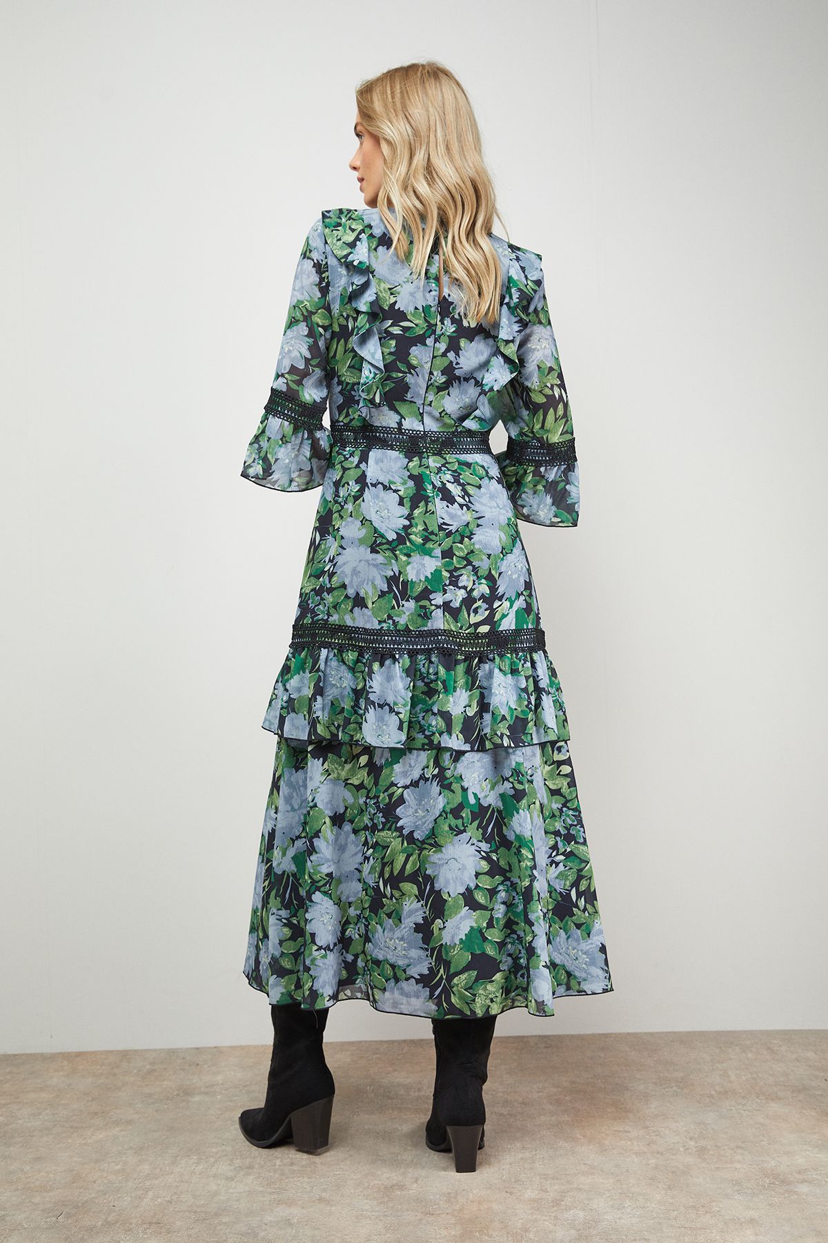 Oasis Printed Lace Detail V Neck Ruffle Midi Dress Floral image 3