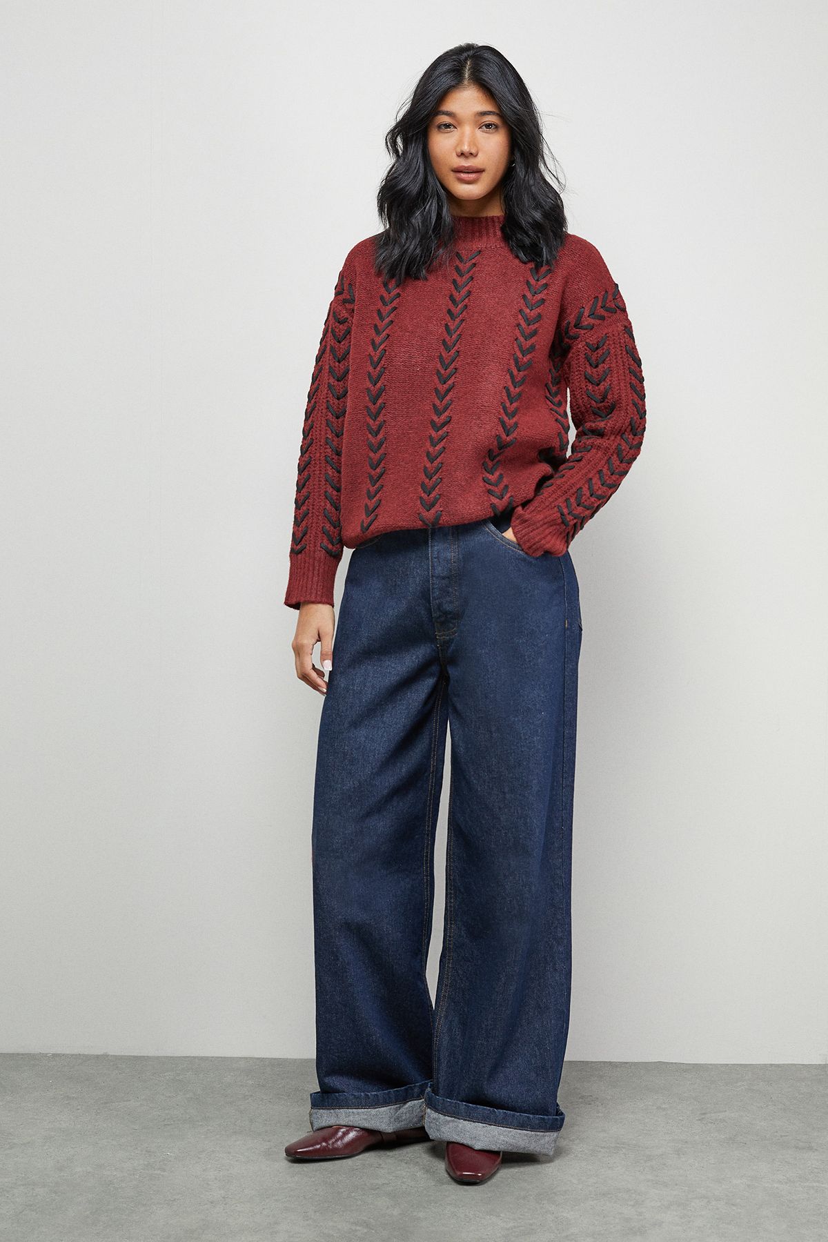 Warehouse Whipstitch Detail Oversized Jumper Dark Red image 2