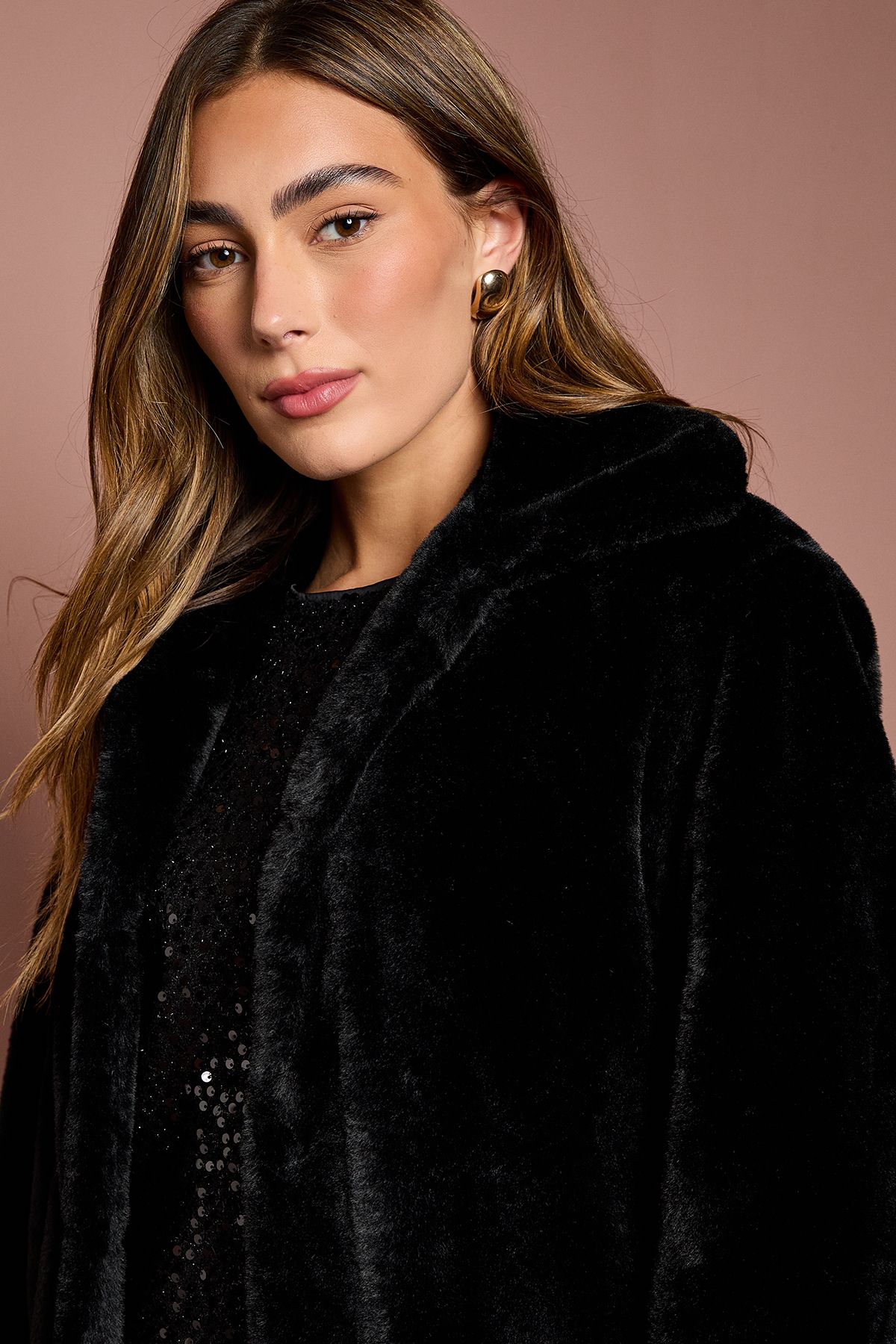 Coast Black Faux Fur Longline Collared Coat Black image 5