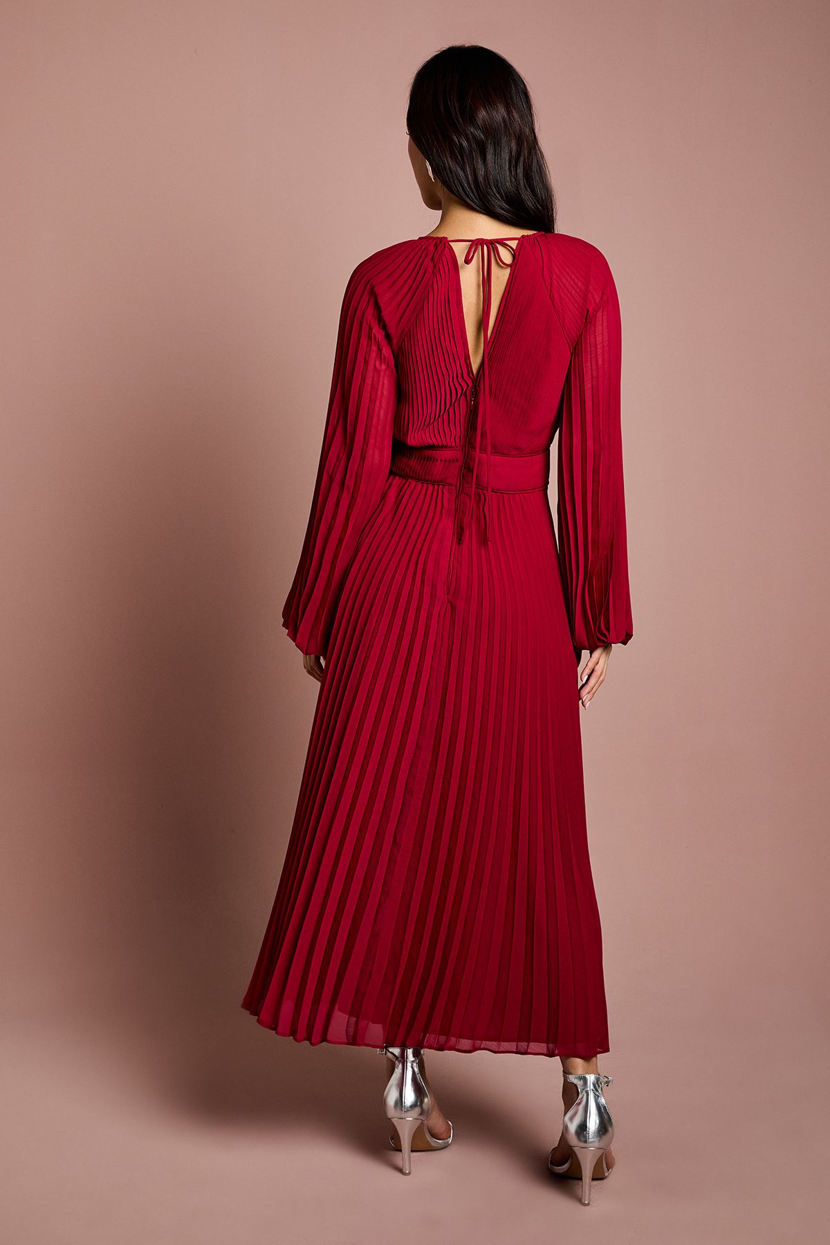 Coast Long Sleeve Chiffon Pleated Wrap Midi Dress Berry image 3