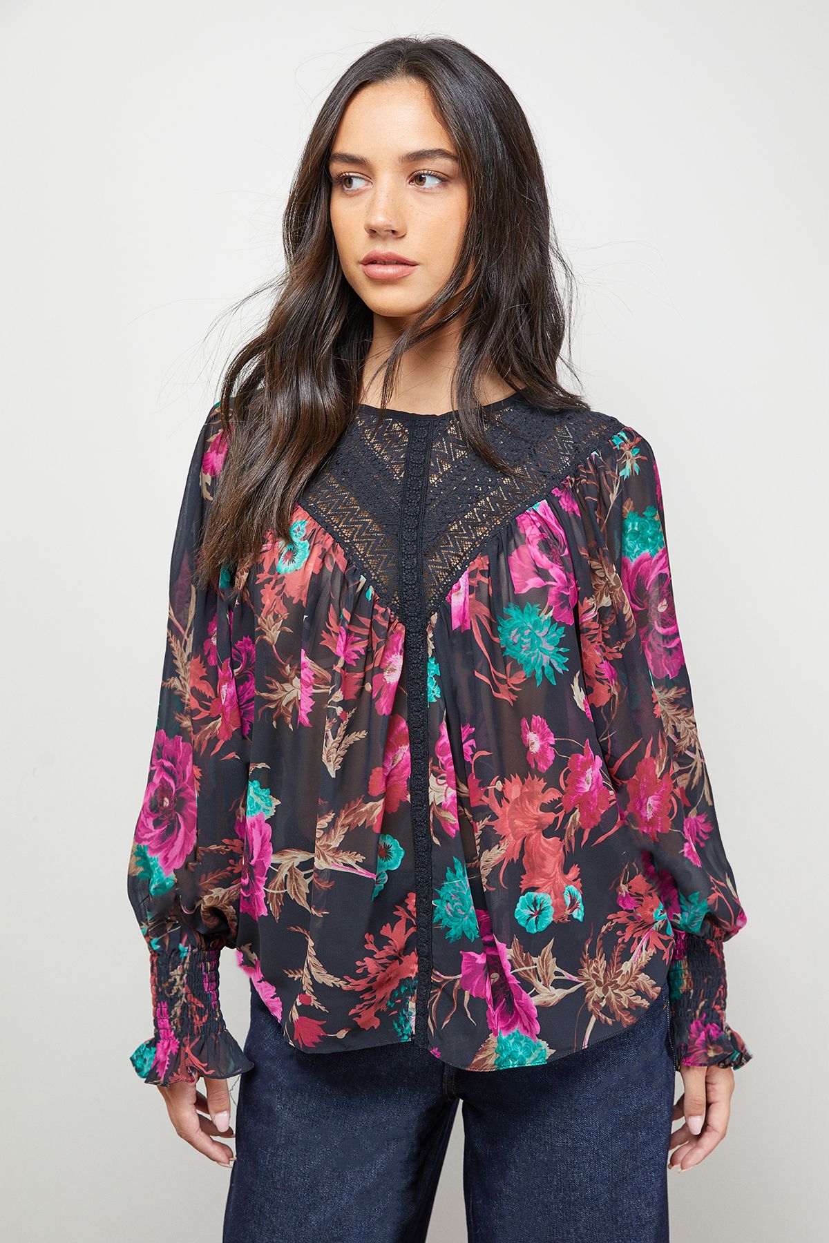 Oasis Printed Lace Yoke Balloon Sleeve Boho Blouse Black image 5