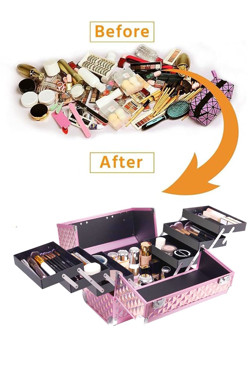 SHEONLY Pink Makeup Box Professional Cosmetic Organizer Aluminum Storage Box with 6 Trays image 5