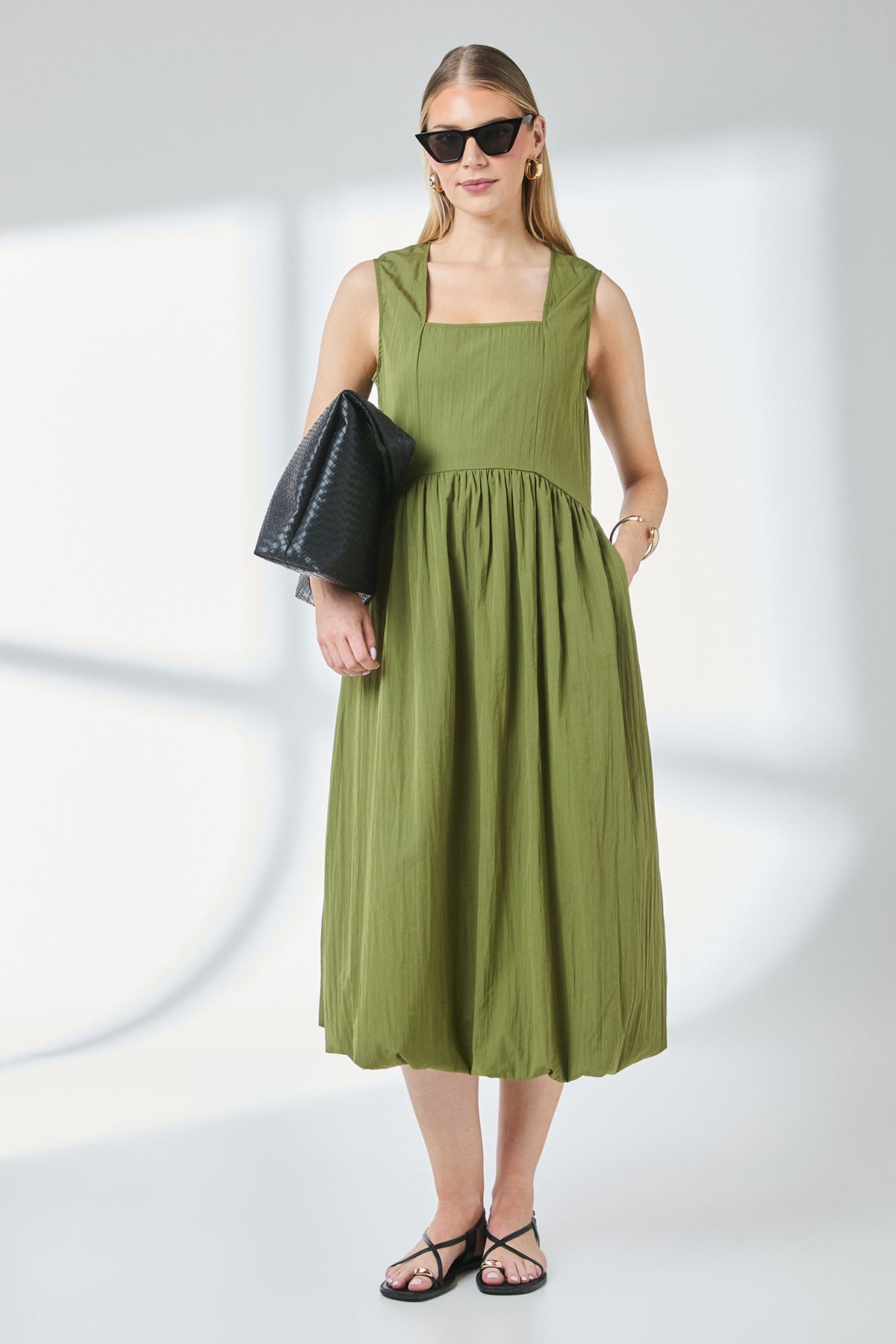 Principles Square Neck Parachute Midi Dress Khaki