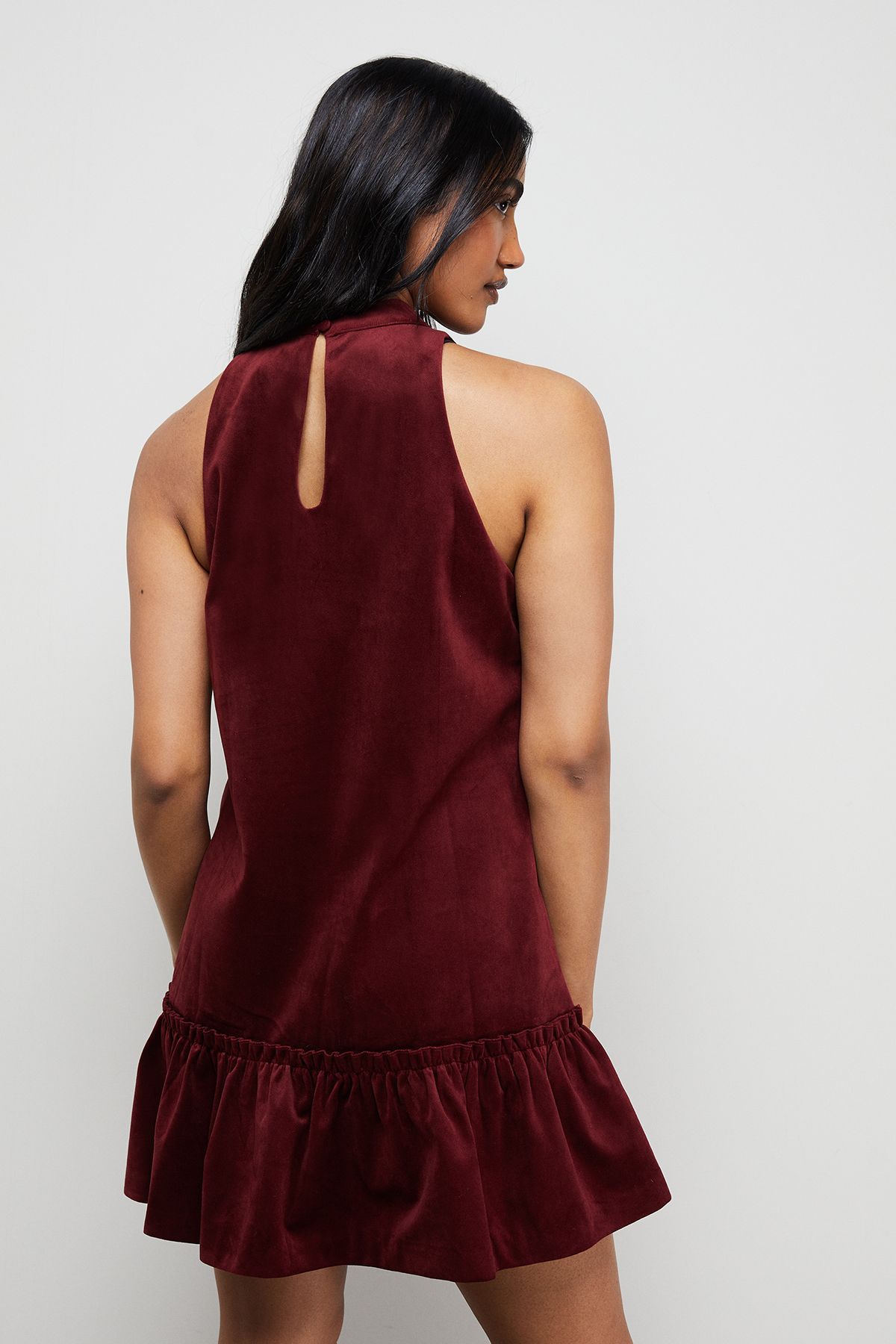 Warehouse Bonded Velvet High Neck Mini Dress Red image 3