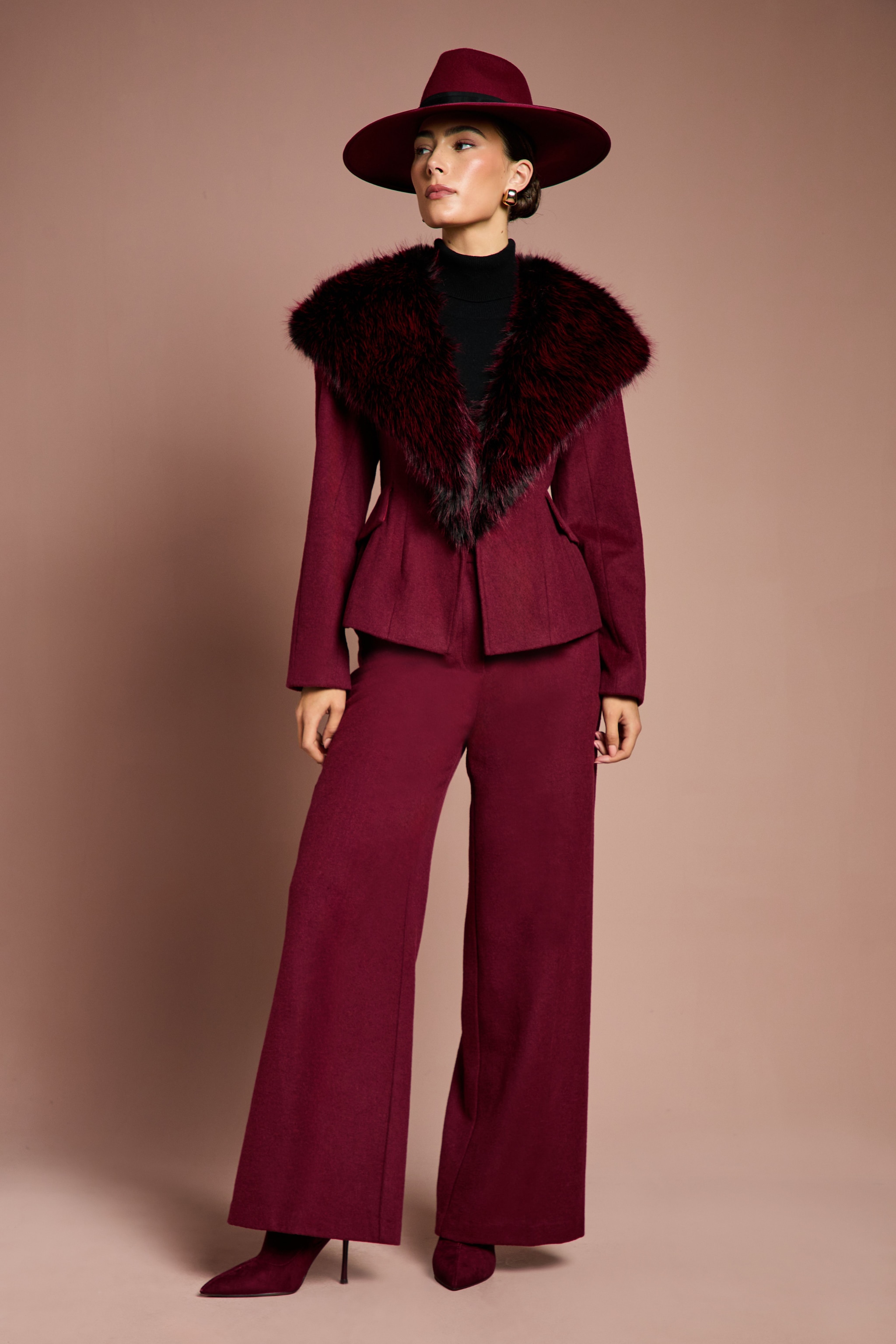 Coast Lisa Tan Fur Trim Premium Jacket With Wadding Burgundy image 4