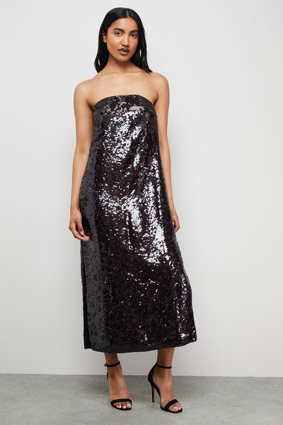 Warehouse Sequin Bandeau Midi Dress Black Chocolate