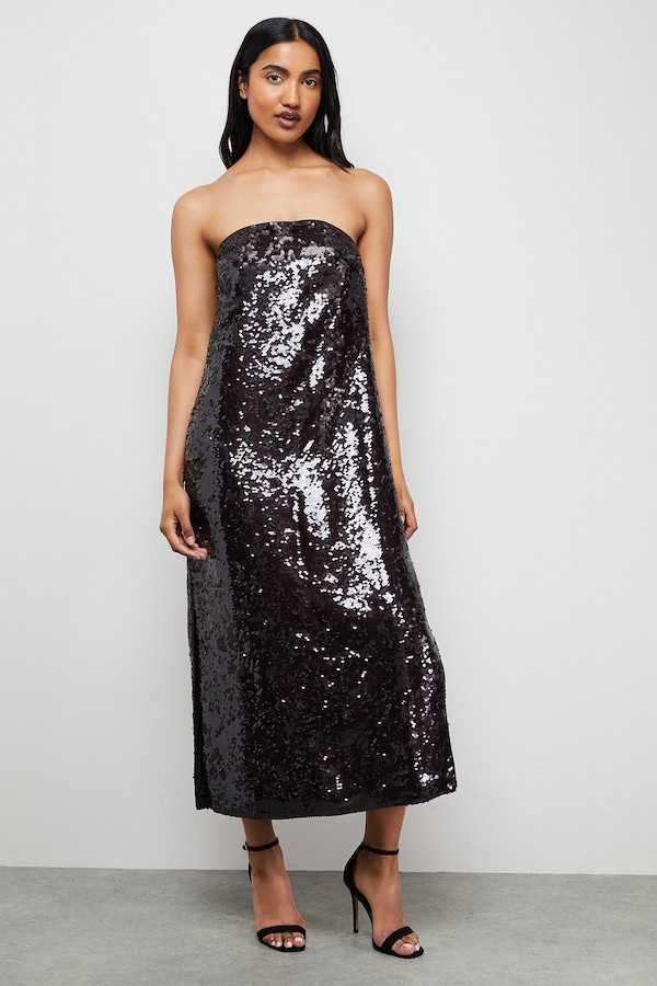 Warehouse Sequin Bandeau Midi Dress Black Chocolate