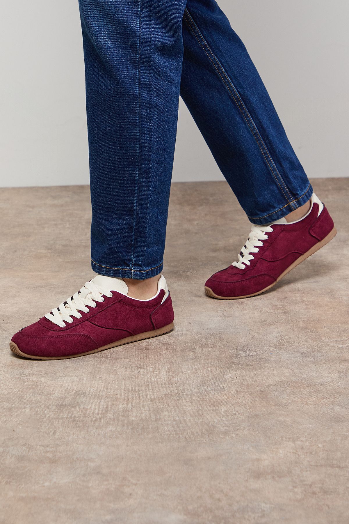 Oasis Jenny Faux Suede Lace Up Trainers Burgundy image 1
