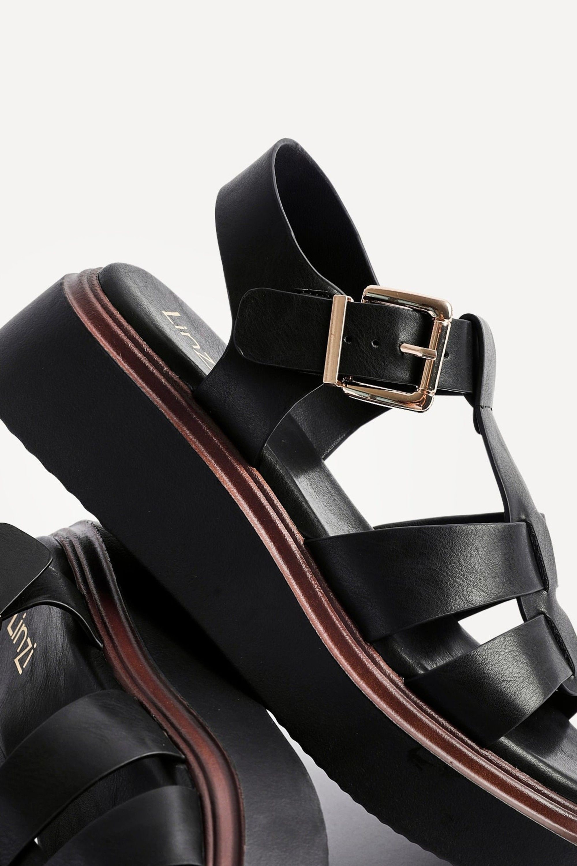 Linzi Retract Black Faux Leather Gladiator Style Flatform Sandals image 5