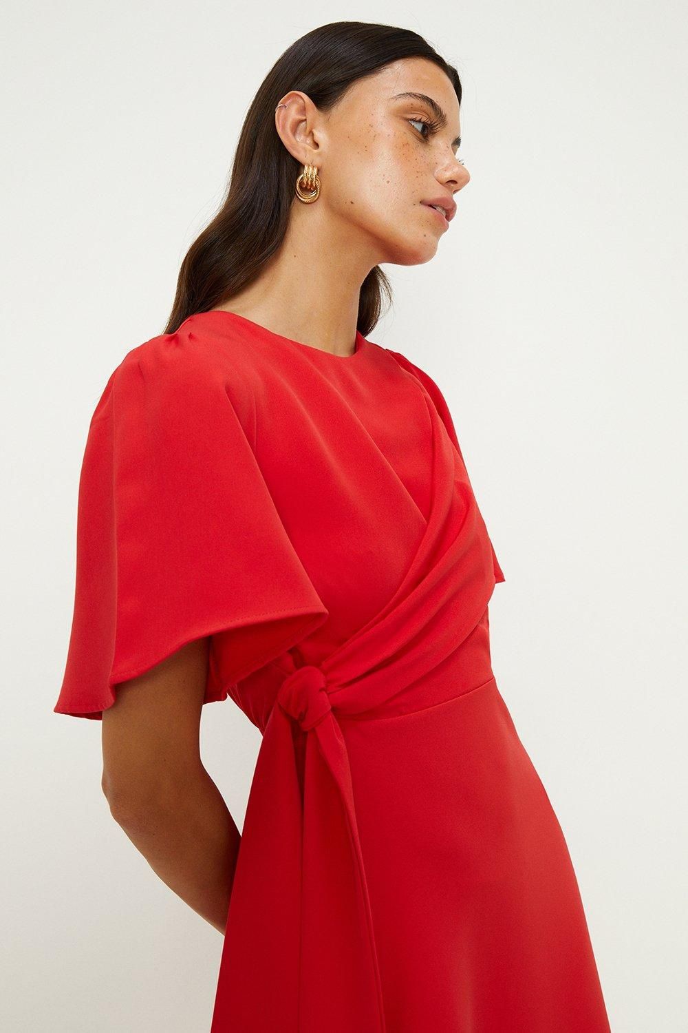 Oasis Crepe Tie Side Flare Midi Dress Red image 2