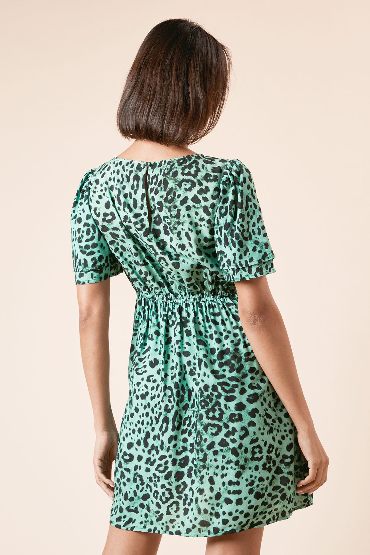 Dorothy Perkins Green Animal Double Frill Angel Sleeve Mini Dress Green image 3