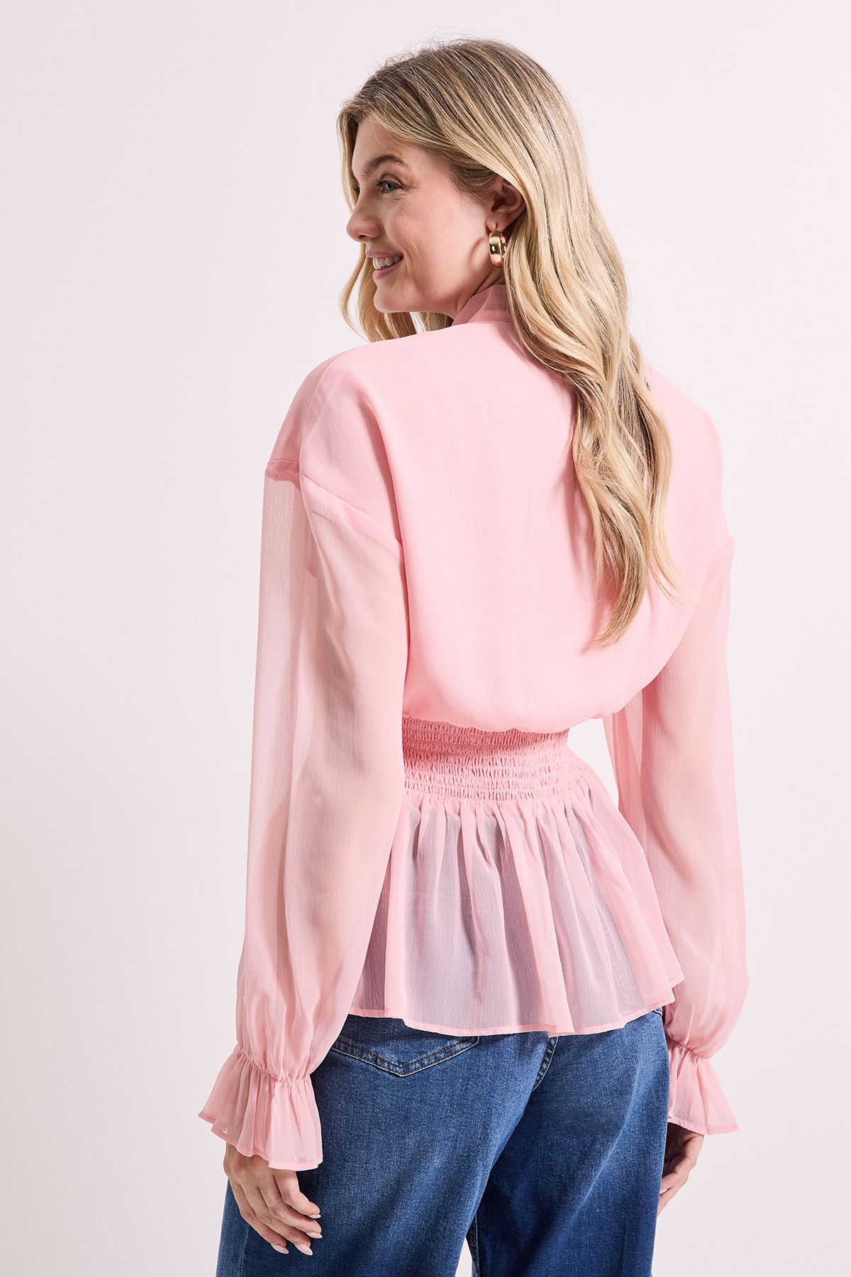 Dorothy Perkins Tie Neck Shirred Waist Boho Blouse Blush image 5