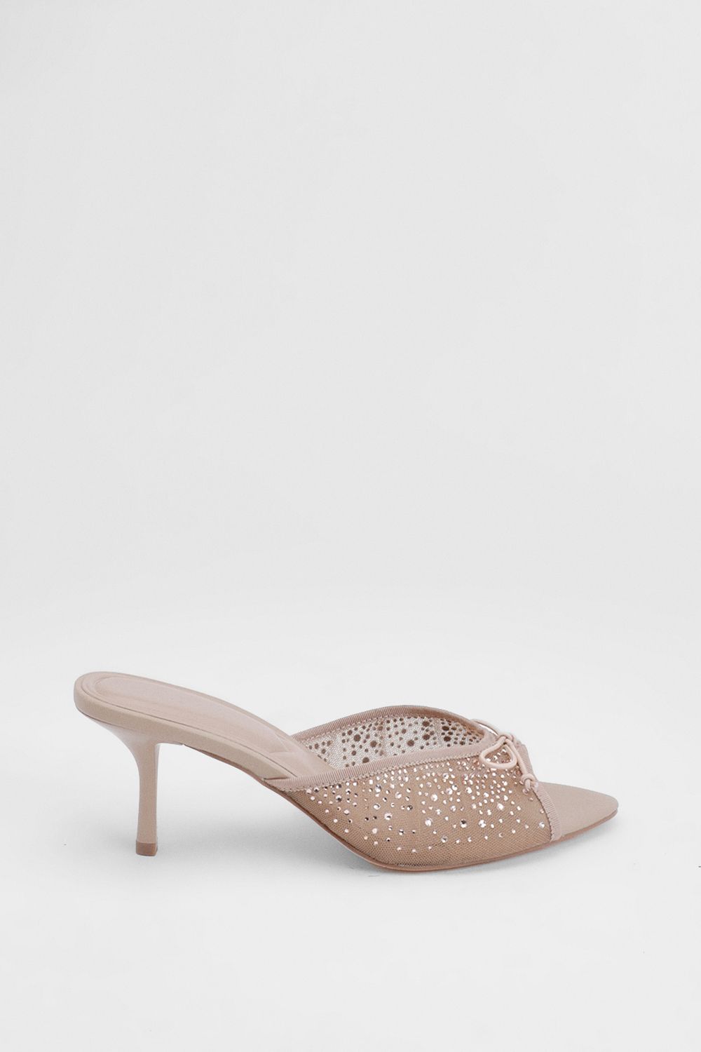 MissPap Nude Faux Leather Embellished Mesh Medium Heeled Mules Nude