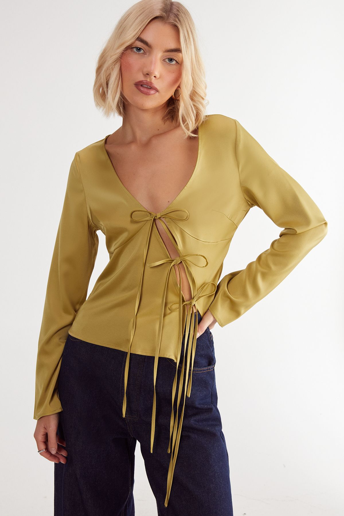 NastyGal Satin Asymmetric Tie Long Sleeve Top Lime