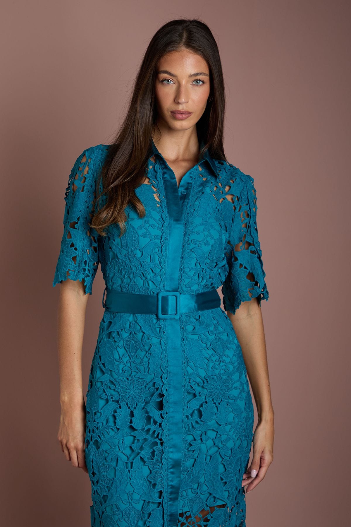 Coast Lace Shirt Dress With Short Sleeves Teal image 2