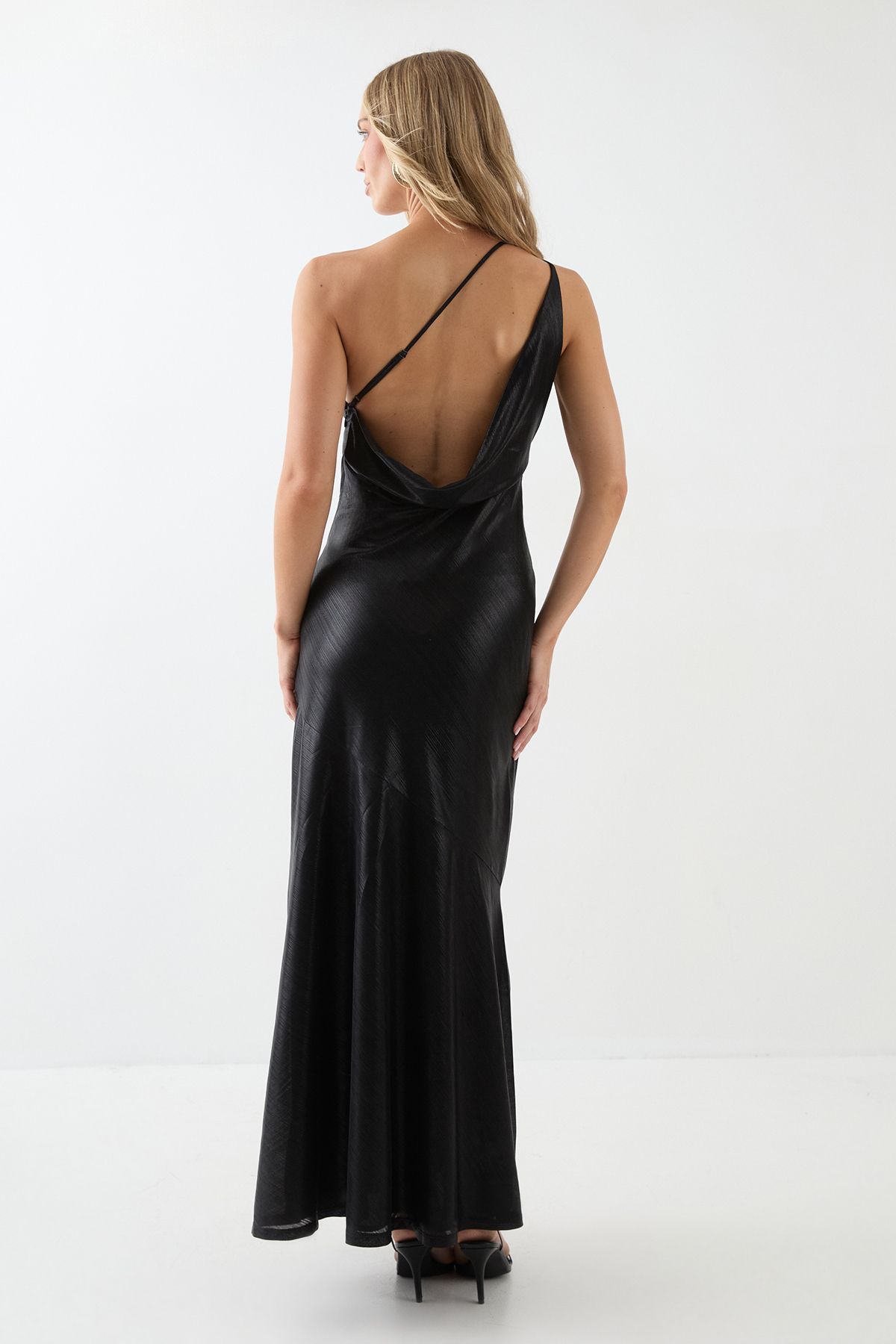 MissPap Asymmetric Neck Metallic Maxi Dress Black image 3