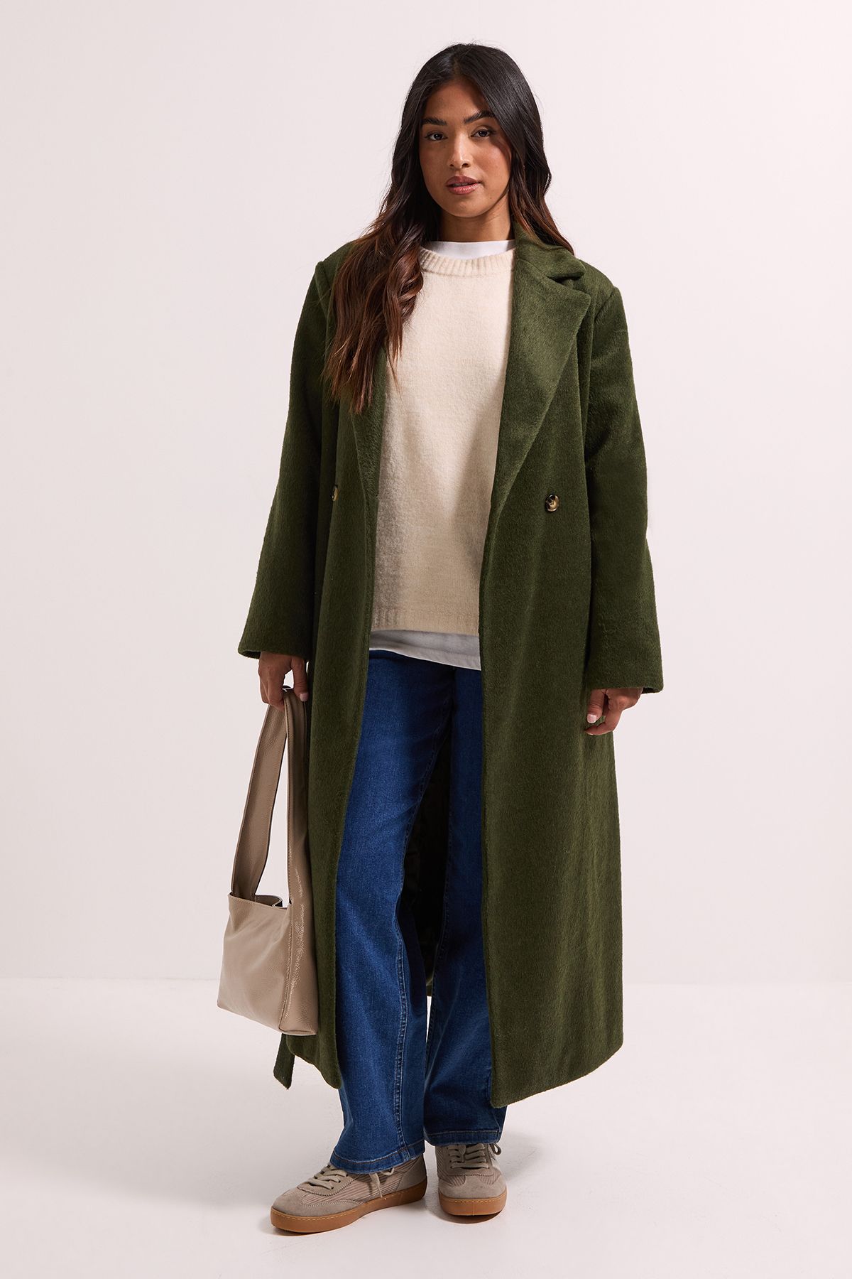 Dorothy Perkins Petite Longline Belted Coat Green image 1