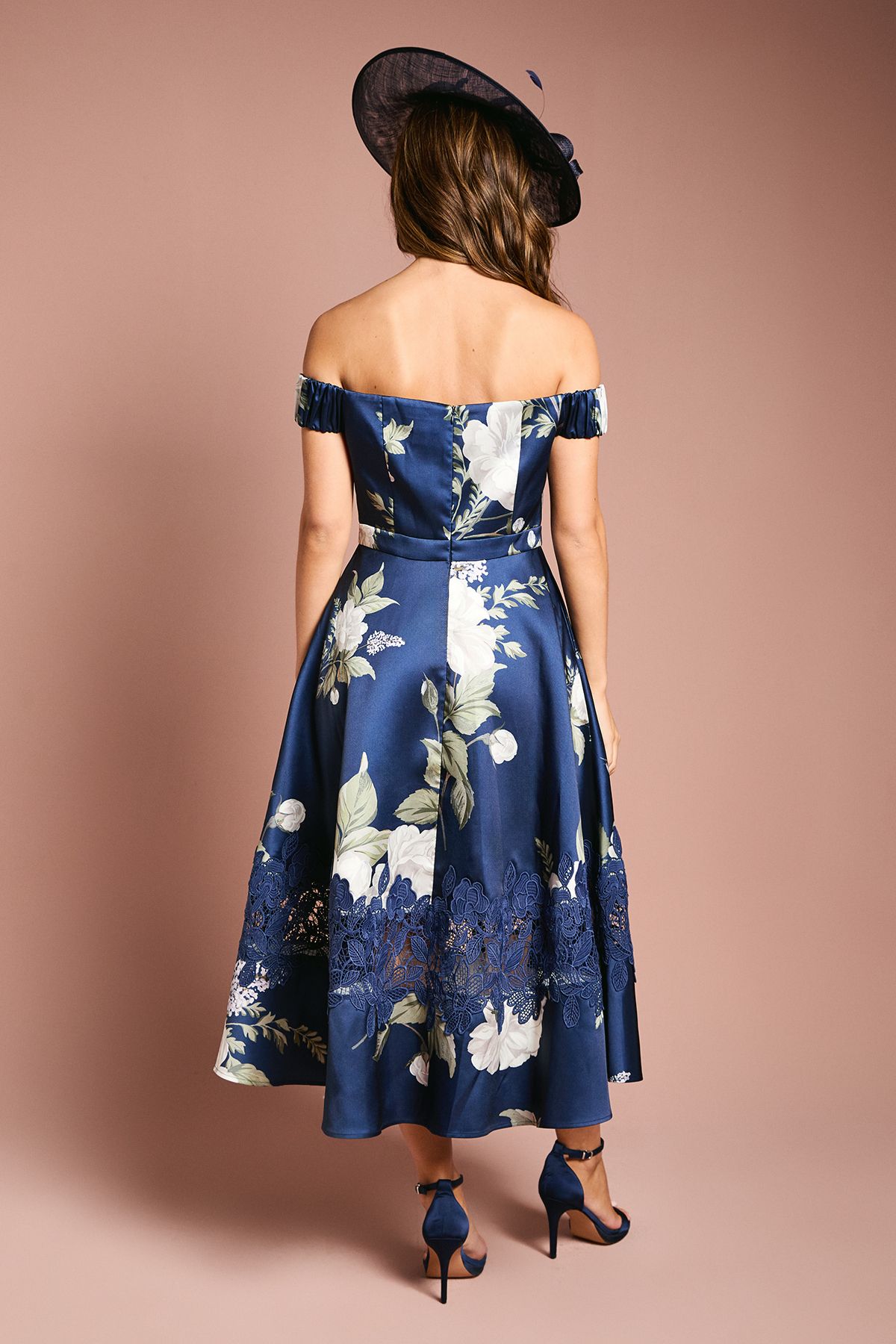 Coast Printed Bardot Twill Midi Dress With Lace Insert Navy image 4
