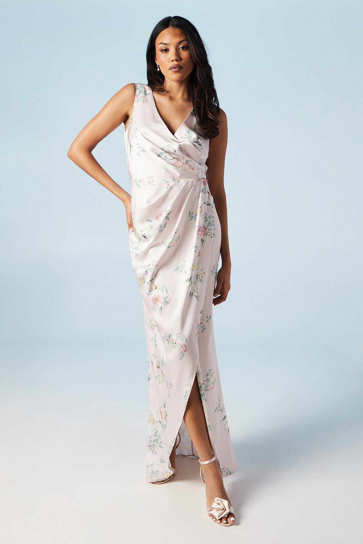 Coast Spring Posy Printed Satin Ruche Waist Bridesmaid Dress Blush image 1