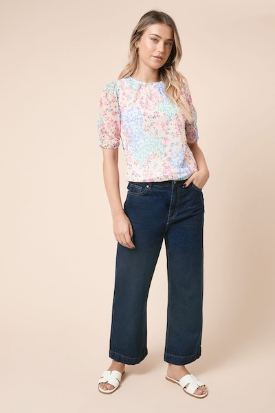 Dorothy Perkins Floral Gathered Neckline Puff Sleeve Mesh Jersey Top Floral
