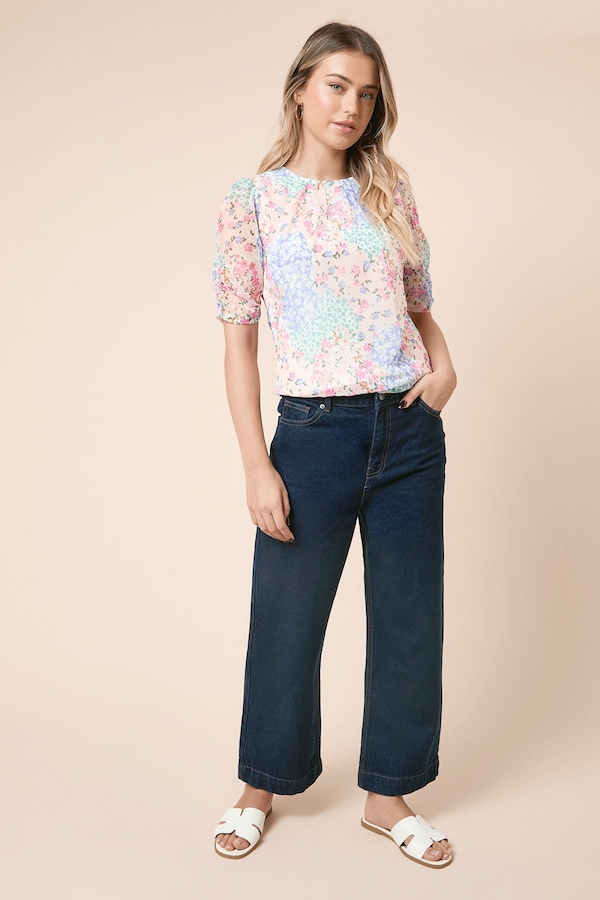 Dorothy Perkins Floral Gathered Neckline Puff Sleeve Mesh Jersey Top Floral