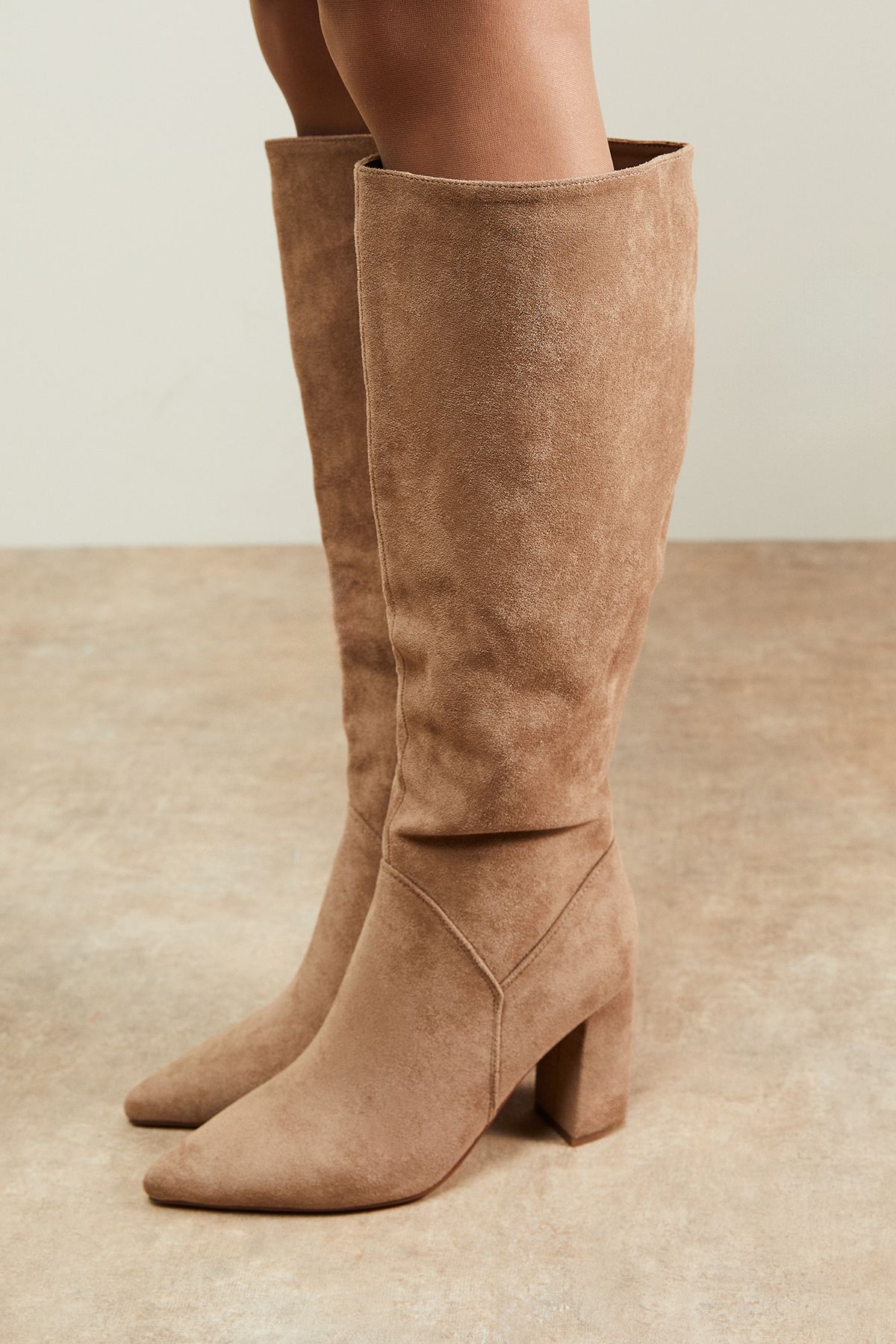 Oasis Jemima Faux Suede High Block Heel Pointed Knee Boots Taupe image 4