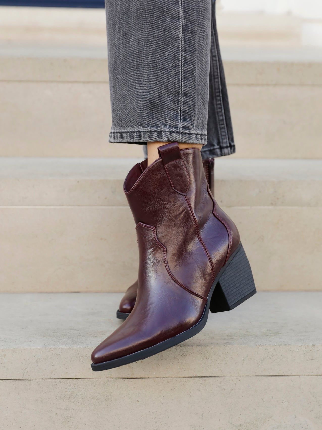 Linzi Jessie Burgundy Faux Leather Western Ankle Boot image 6