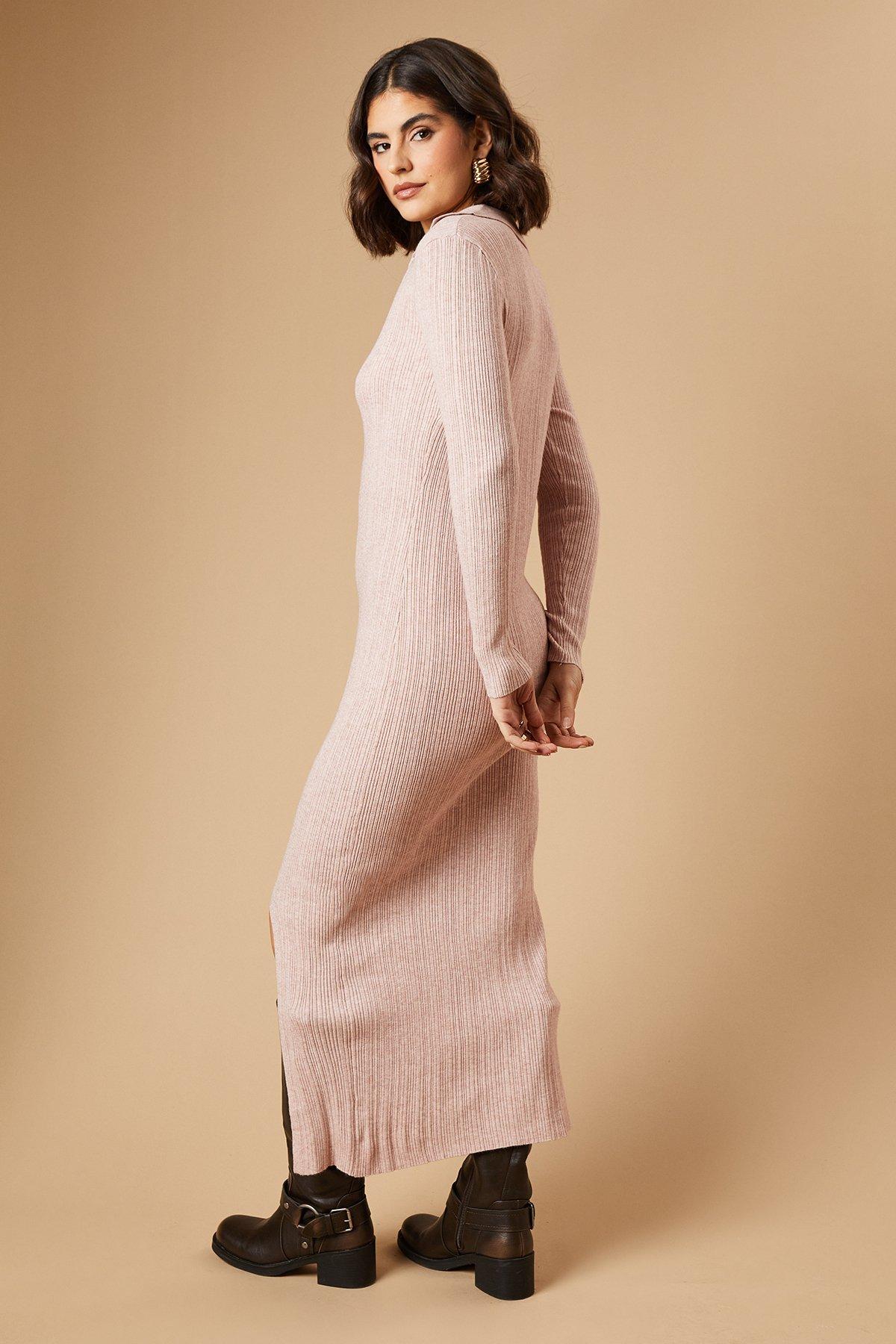 Oasis Ribbed Collared Knitted Midi Dress Rose image 3