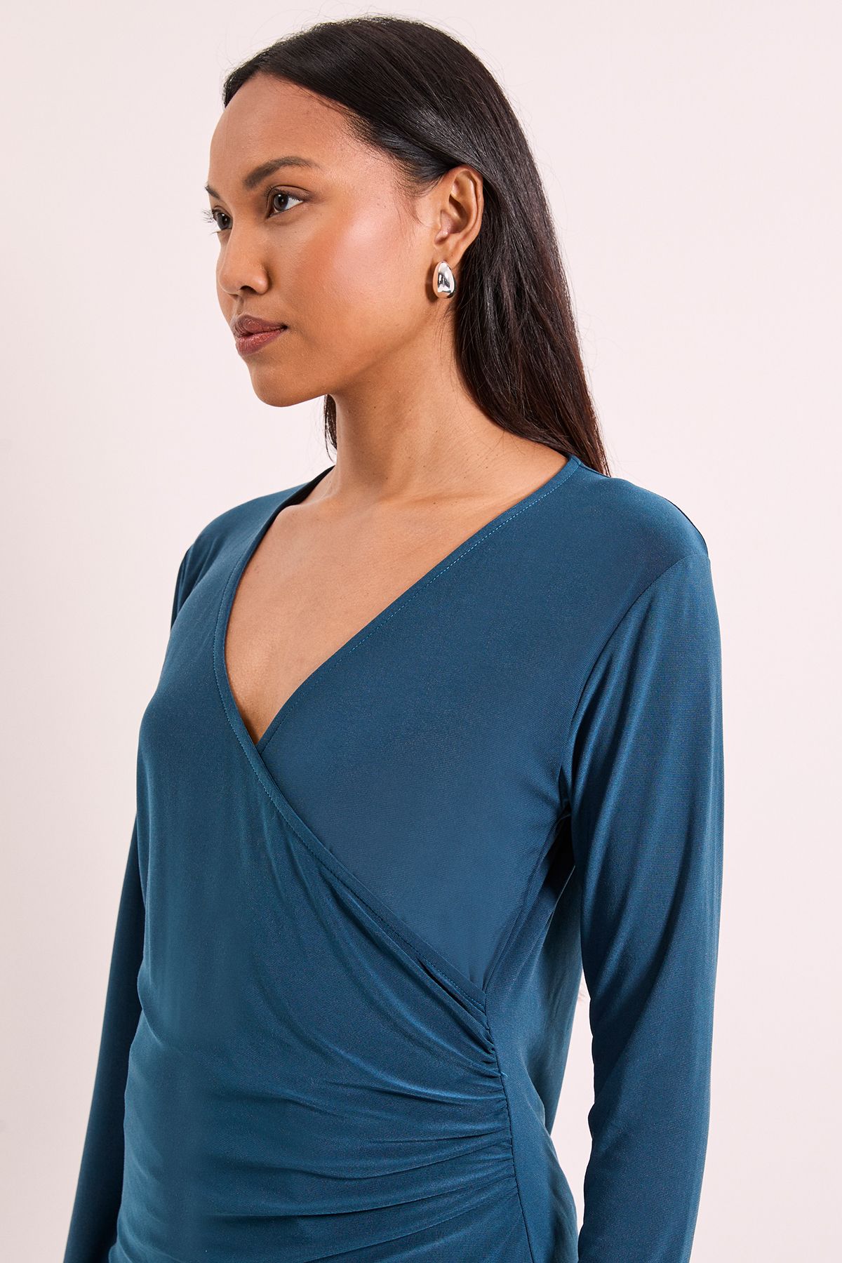Principles Teal Wrap Ruched Side Long Sleeve Jersey Top Teal image 2