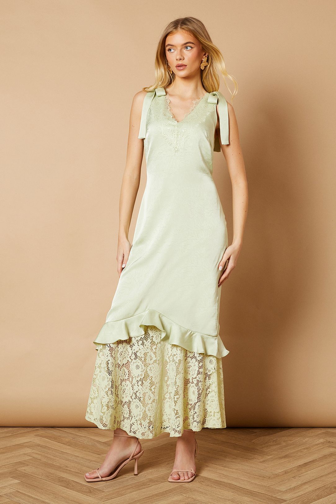 Oasis Satin Lace Tie Shoulder Maxi Dress Pistachio image 1