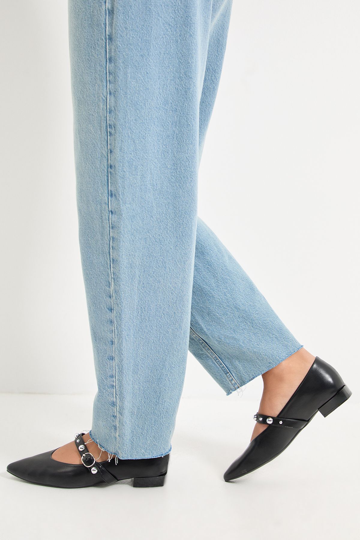 MissPap Faux Leather Studded Mary Jane Pointed Ballet Pumps Black image 2