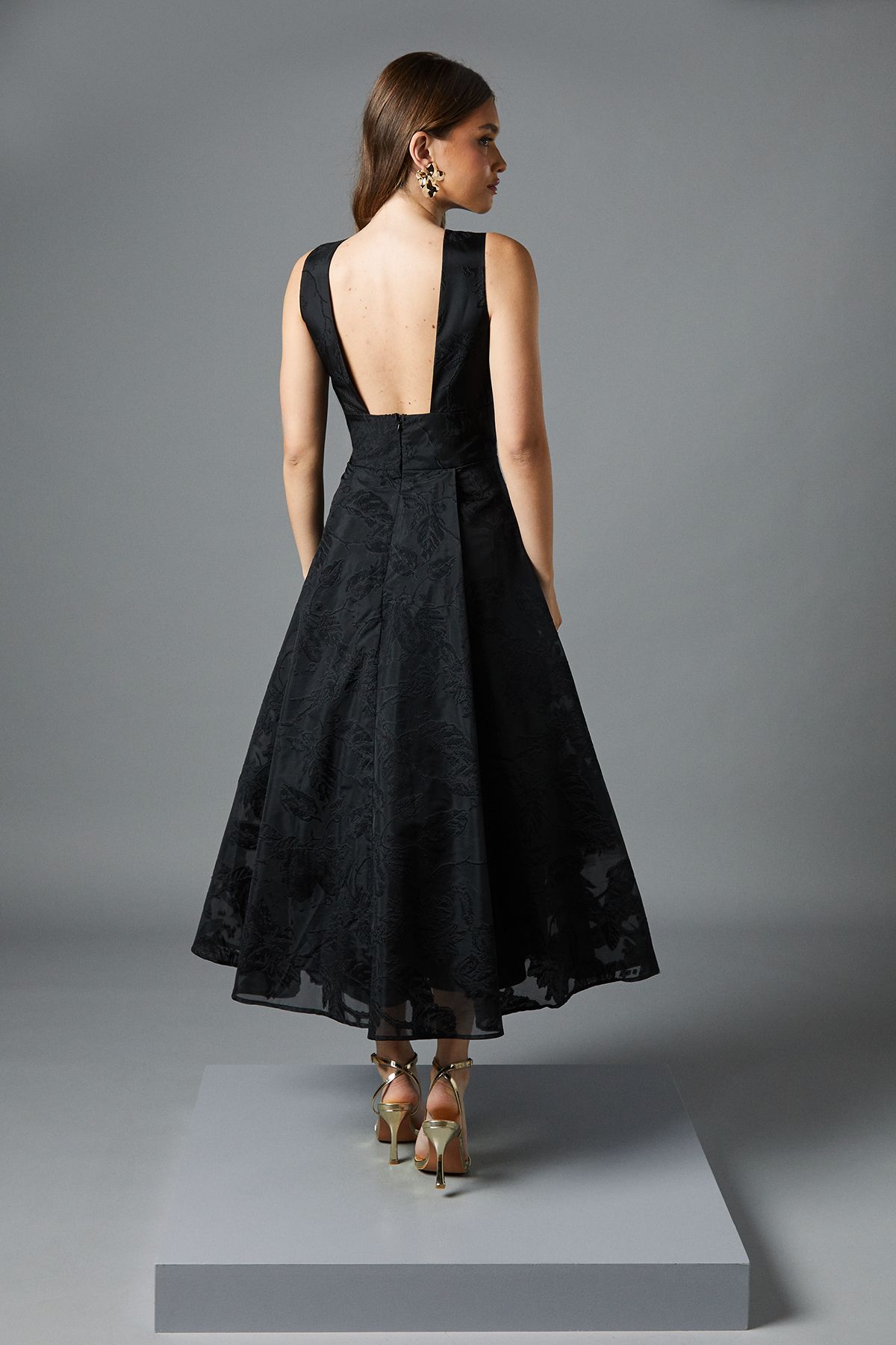 Coast Plunge V Full Skirted Jacquard Midi Dress Black image 3