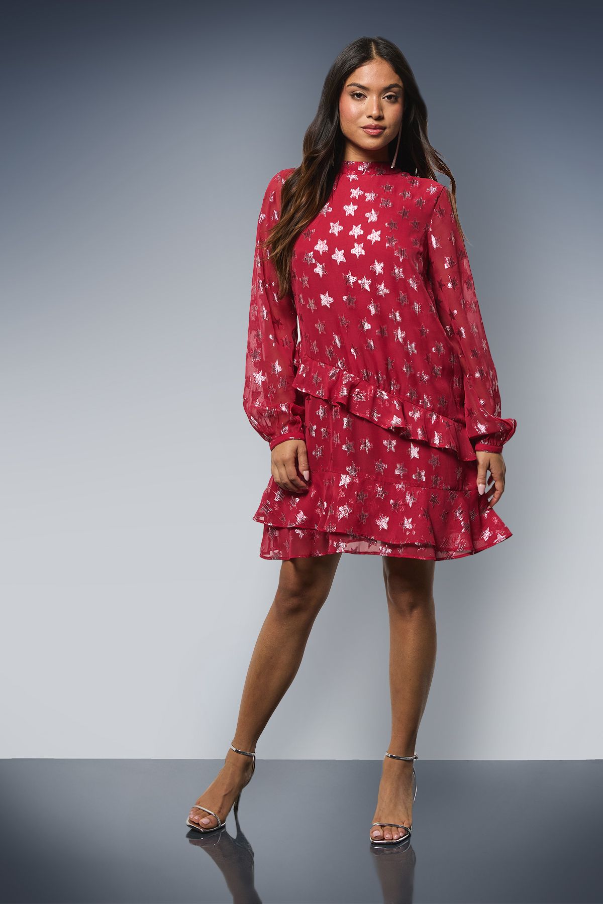 Dorothy Perkins Petite DP Luxe Star Jacquard Ruffle Shift Mini Dress Red