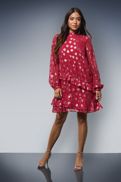 Dorothy Perkins Petite DP Luxe Star Jacquard Ruffle Shift Mini Dress Red