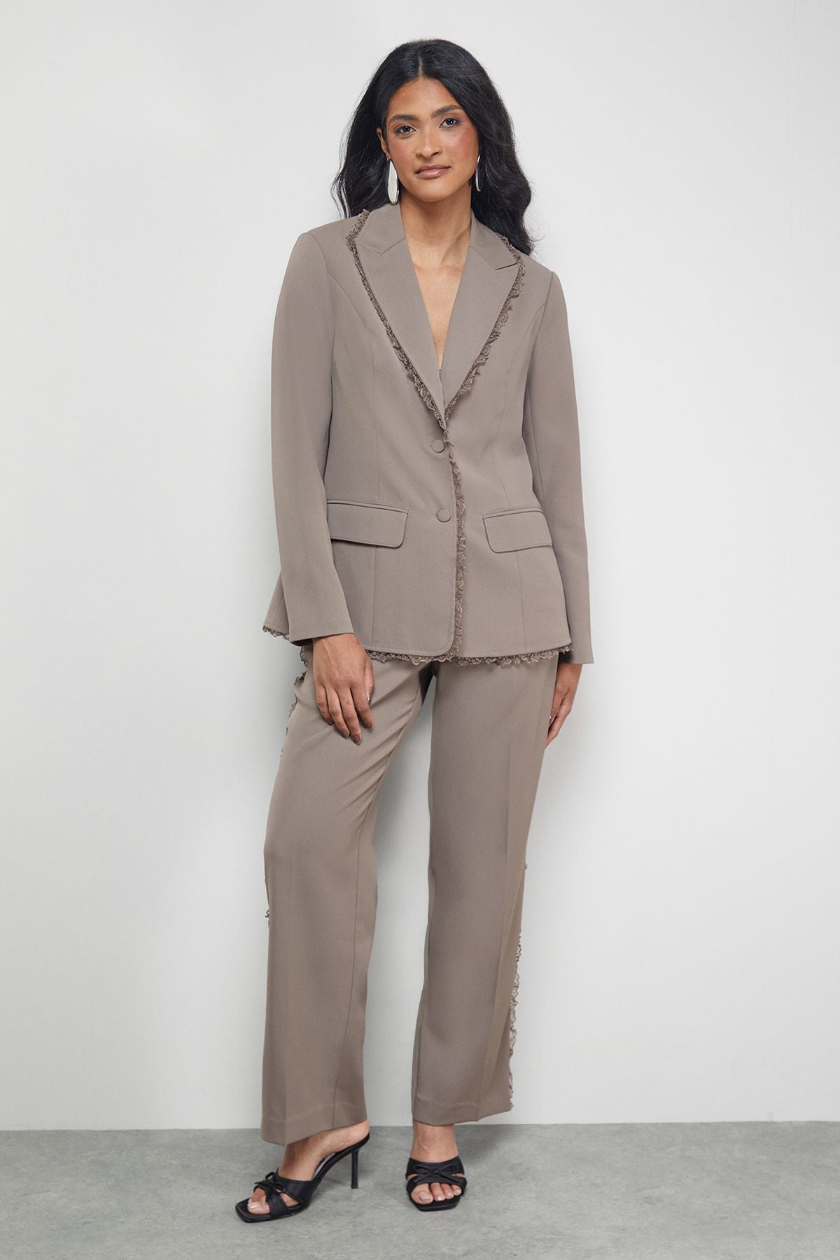 Warehouse Oversized Lace Frill Trim Single Breasted Blazer Mocha image 2