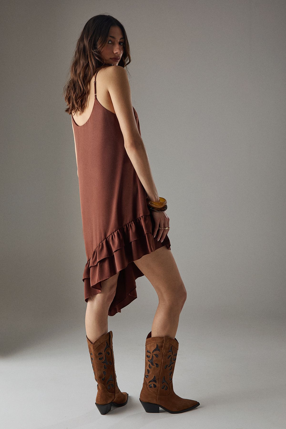 Warehouse Satin Asymmetric Ruffle Mini Strappy Dress Chocolate image 4