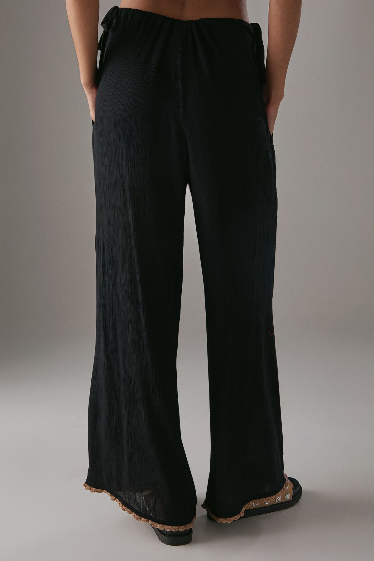 Warehouse HCD Cheesecloth Embroidered Mid Waist Tie Side Trousers Black image 3