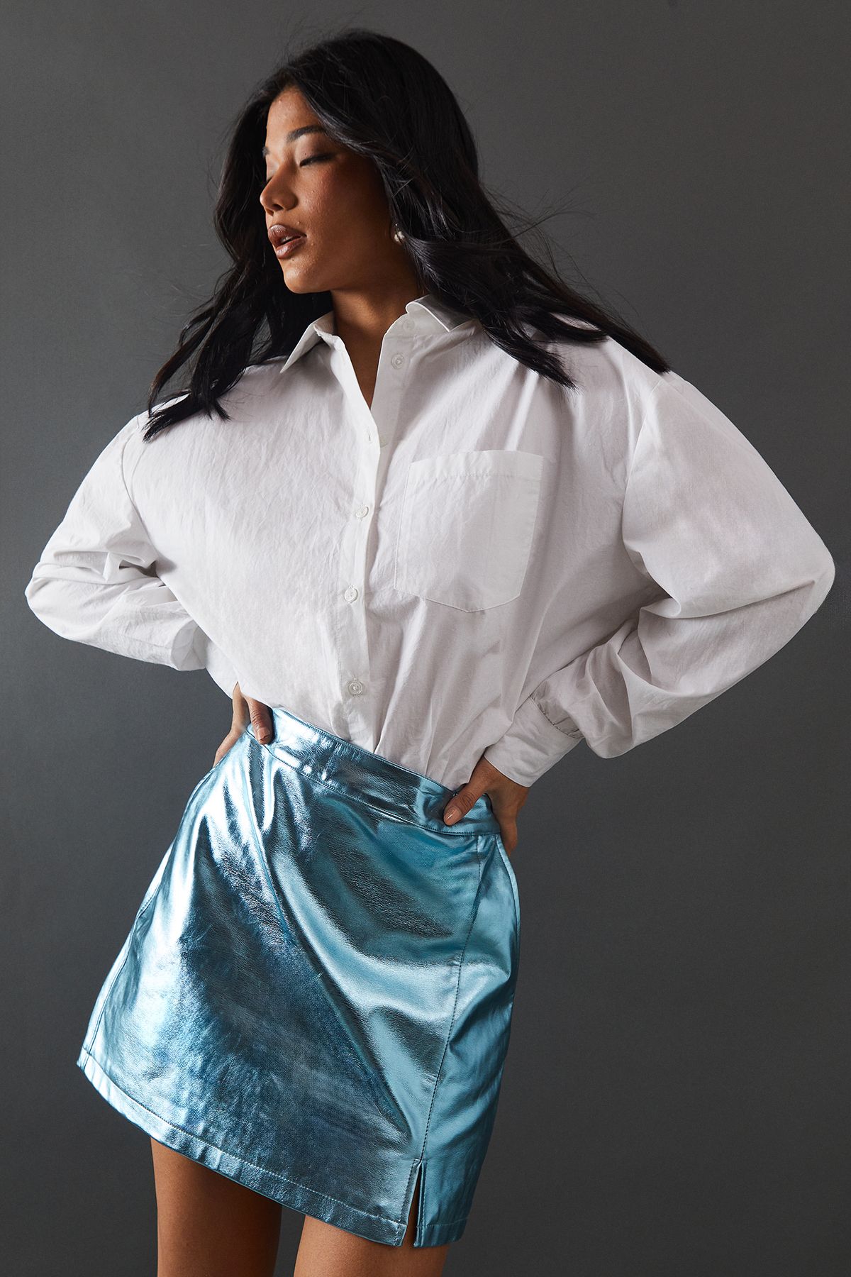 Warehouse Metallic Mini Skirt Blue image 1