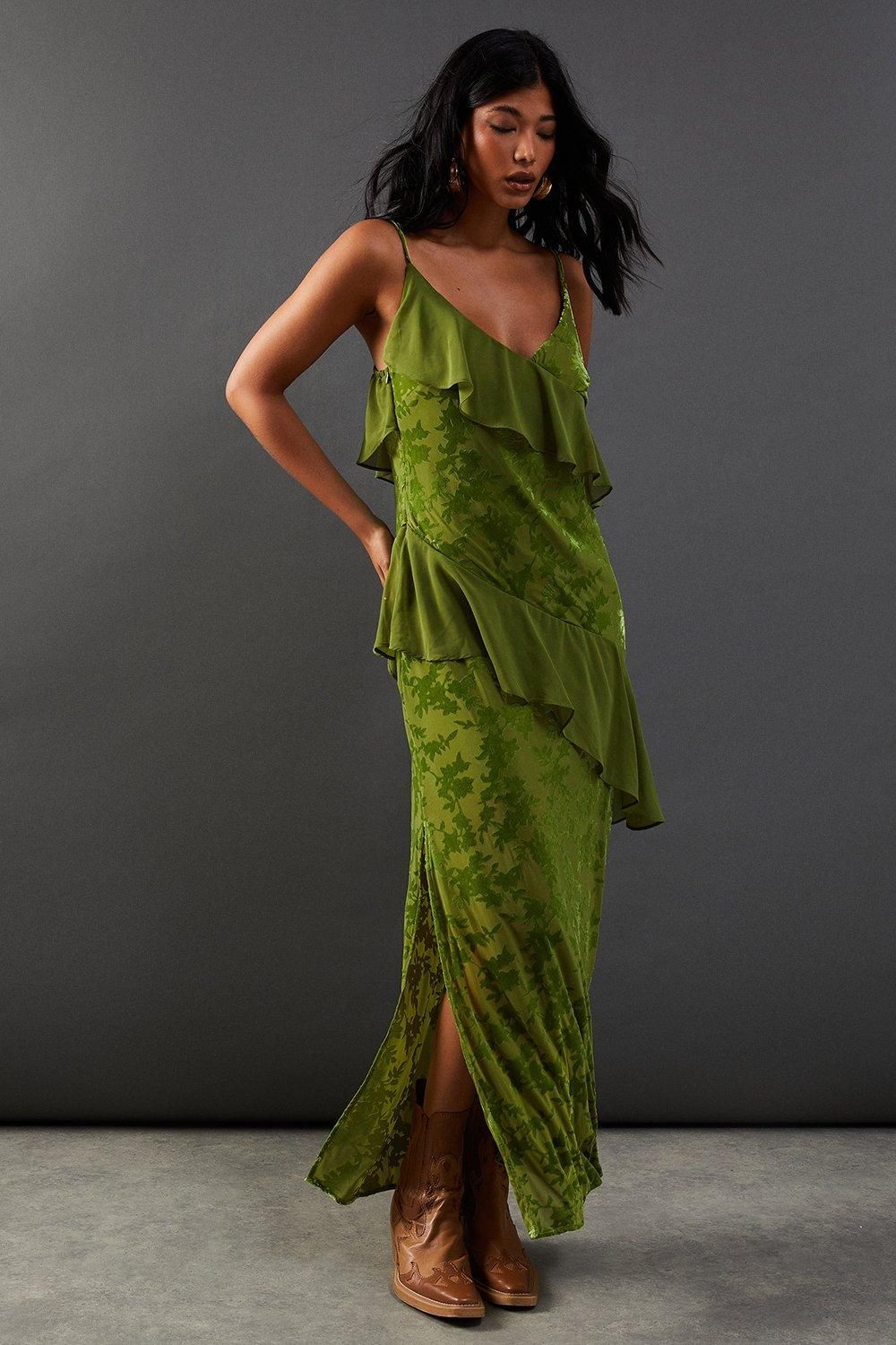 Warehouse Premium Velvet Chiffon Mix Frill Strappy Midaxi Dress Green image 4