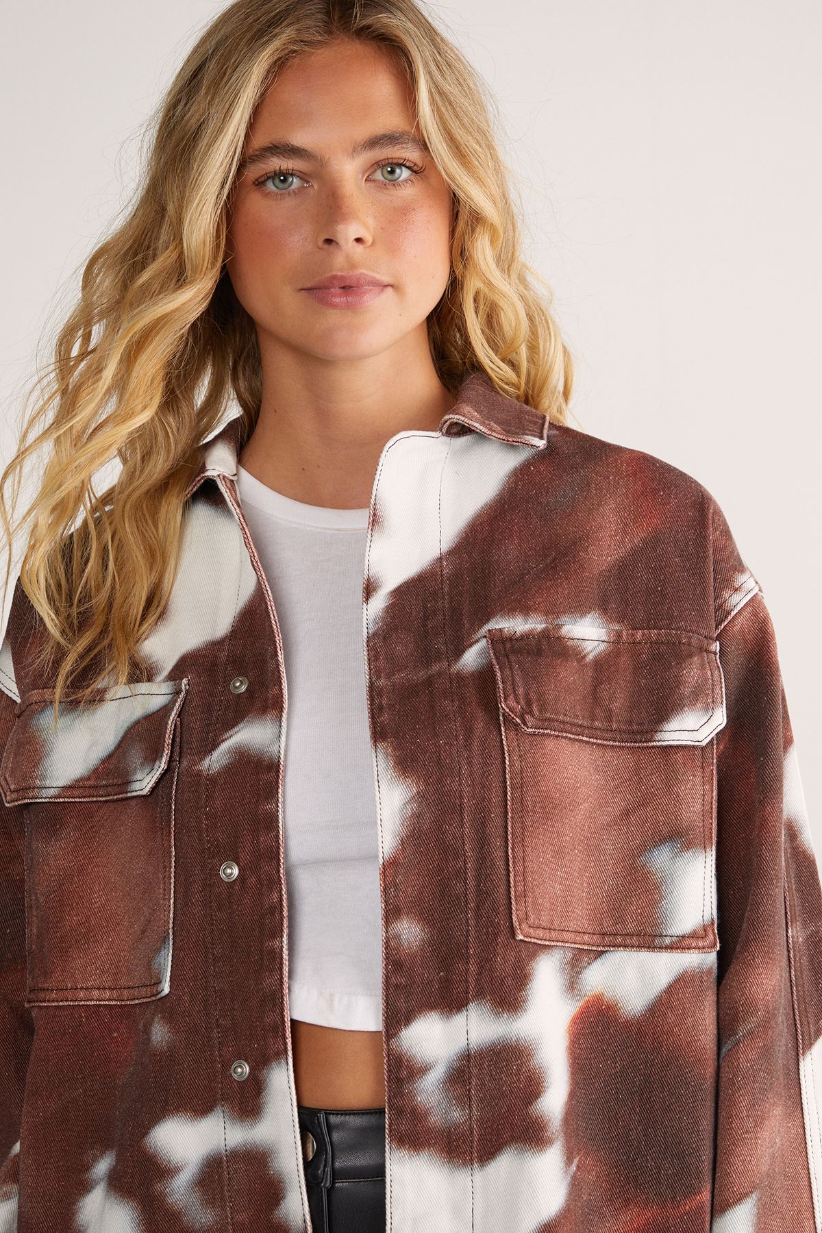 NastyGal Animal Cow Print Denim Oversized Shirt Chocolate image 3
